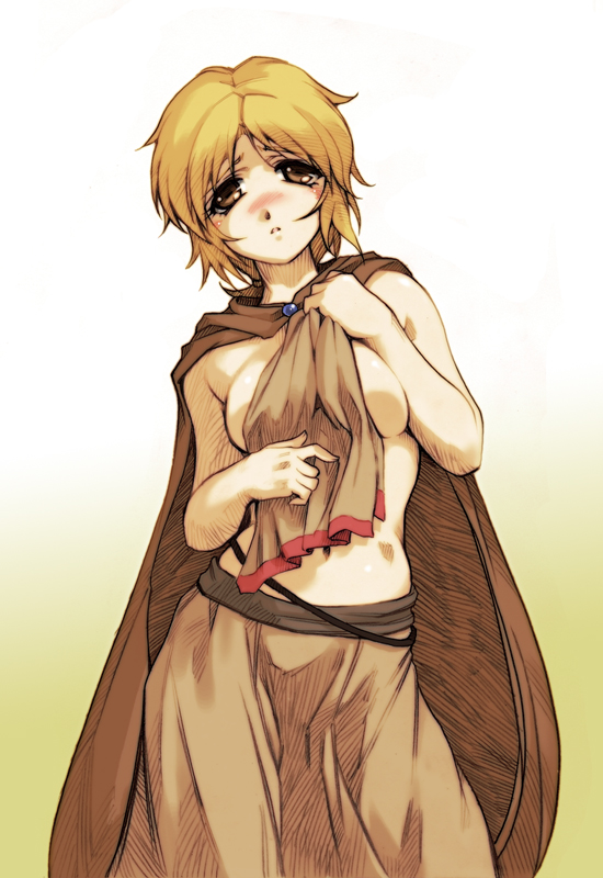 blush breasts cape clothing hisahiko medium_breasts nora_arento pointy_chin spice_and_wolf topless