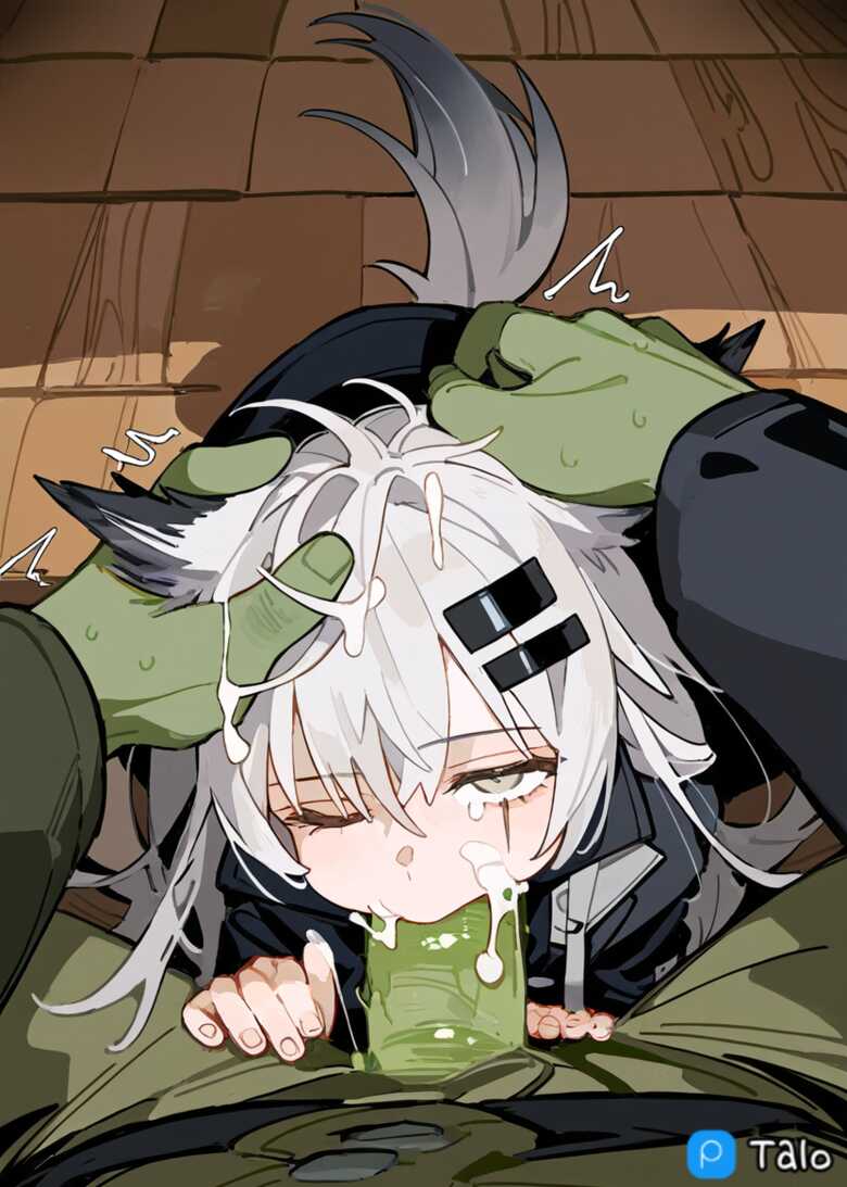 1boy, 1girls, after oral, ai generated, arknights, blowjob, cum, cum in mouth, cum on face, deepthroat, female, head grab, holding head, lappland (arknights), light skin, light-skinned female, male, one eye closed, orc, orc male, white hair