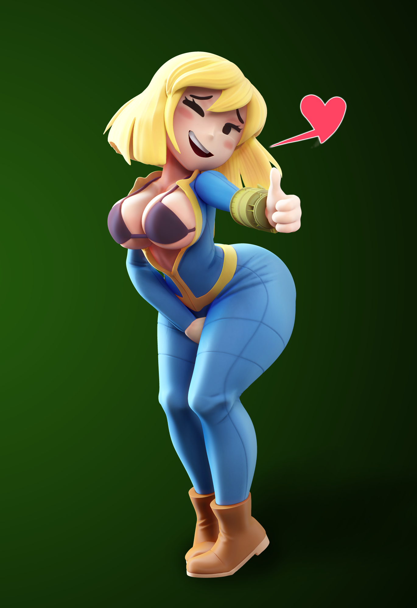 1girls, 3d, 3d (artwork), bethesda softworks, big breasts, blonde hair, blush, bra, breasts, clothing, computer, electronics, exposed breasts, fallout, female, gashi-gashi, jumpsuit, mob face, one eye closed, open clothes, pale skin, pip-boy, short hair, smile, standing, the-great-pipmax, thick thighs, thighs, thumbs up, vault dweller, vault girl, vault suit, wristwear