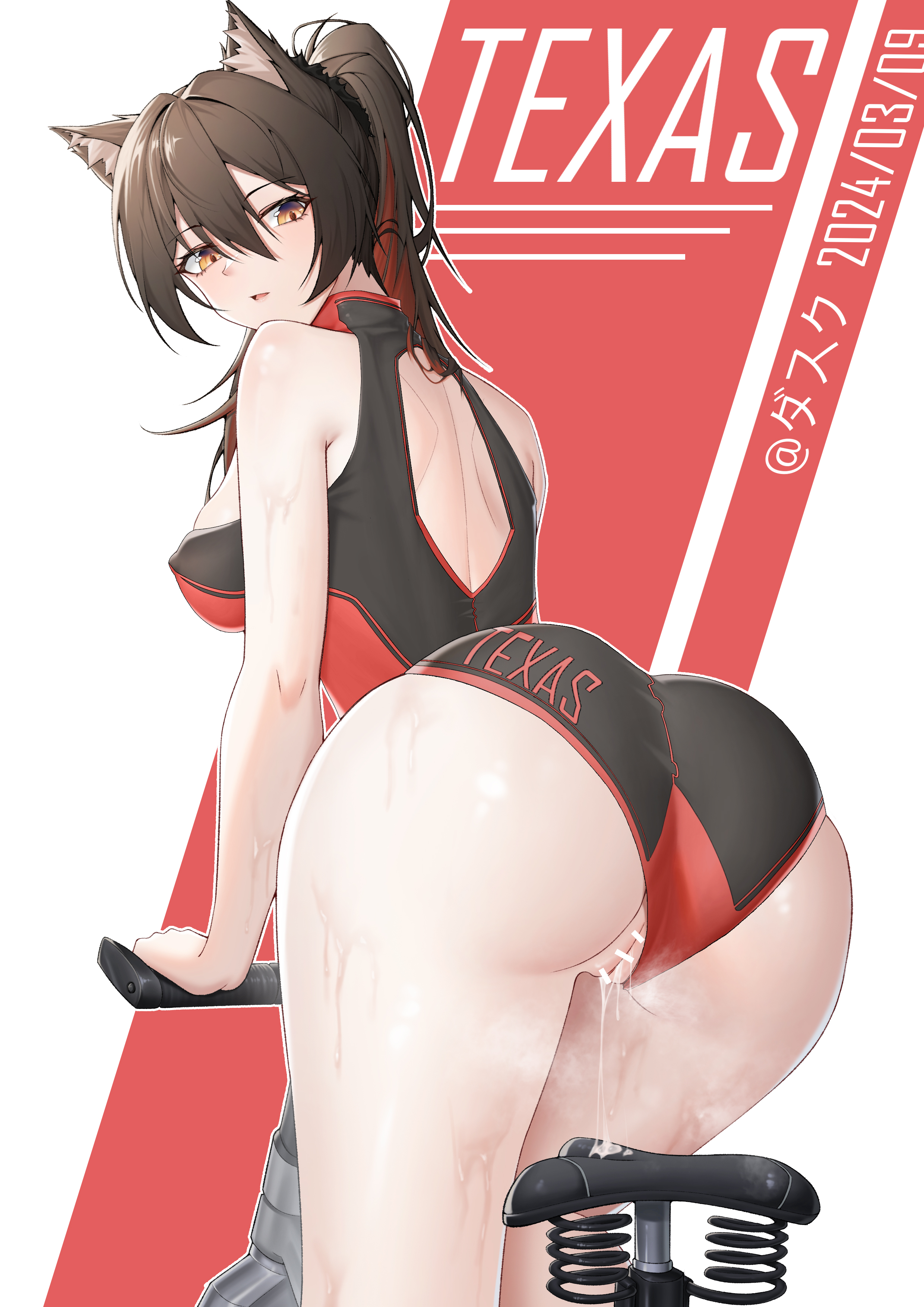 1girls, 2024, animal ears, arknights, artist signature, ass, ass focus, bare back, big ass, big breasts, black hair, breasts, female, hi res, kemonomimi, knightfault, light skin, light-skinned female, looking at viewer, ponytail, pussy, pussy juice, solo, tail, texas (arknights), training, wolf ears, wolf girl, wolf tail, yellow eyes