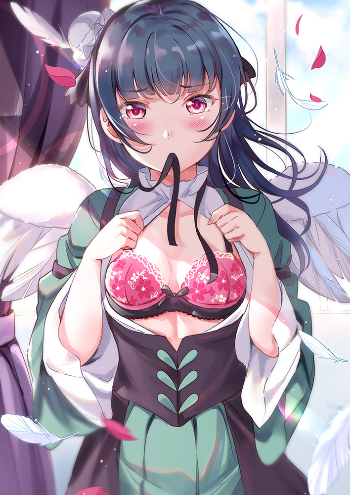 angel_wings blue_hair blue_skirt blunt_bangs blush bow bow_bra bra breasts bun_cover cleavage corset cowboy_shot curtains day embarrassed feathered_wings feathers female hands_on_own_chest indoors layered_sleeves long_hair long_sleeves looking_at_viewer love_live! love_live!_sunshine!! mouth_hold open_clothes open_shirt petals pink_bra pink_hair shirt skirt smile solo tearing_up tears tipii tsushima_yoshiko underwear white_shirt white_wings wide_sleeves window wings