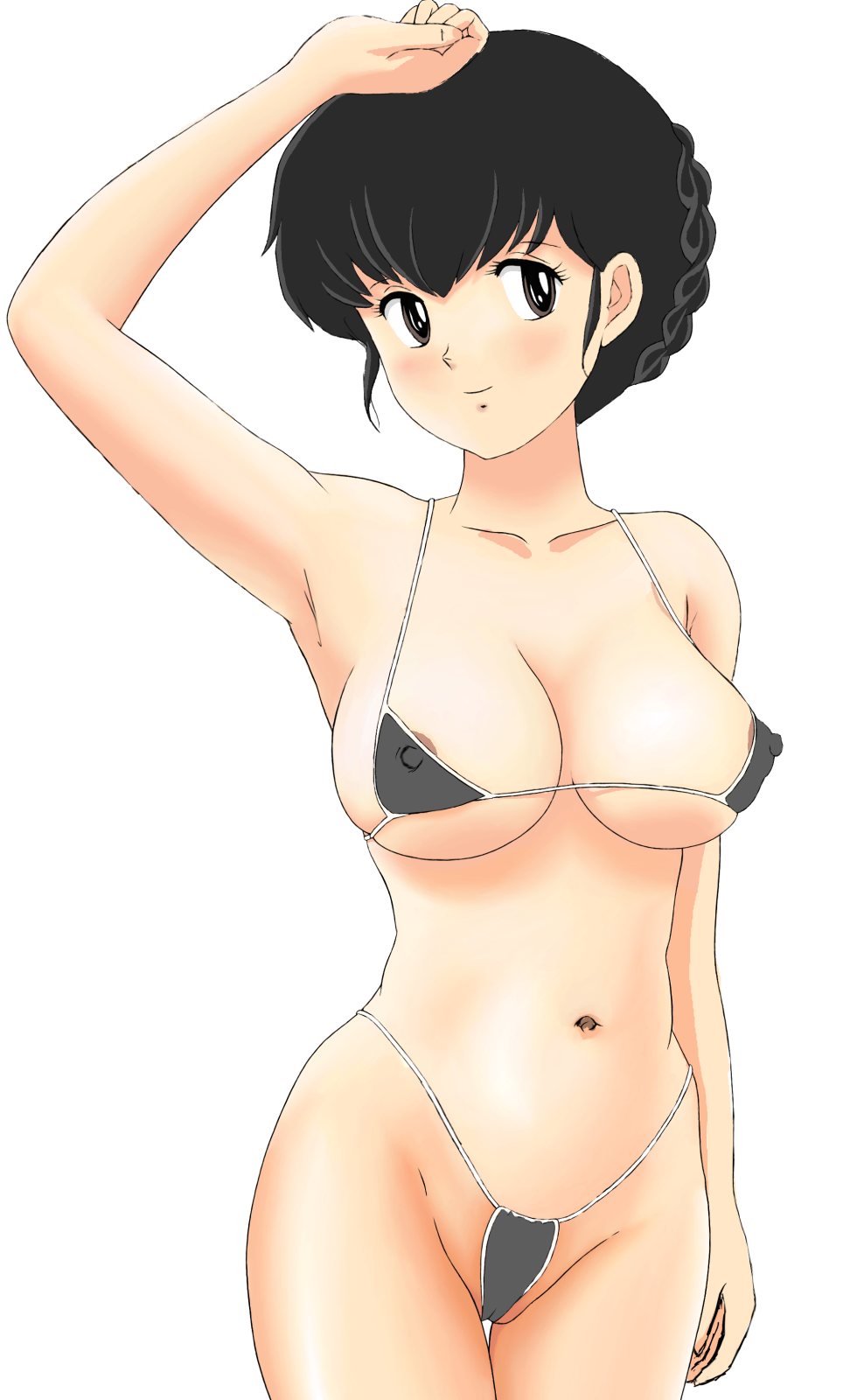 1girls 2003 bikini black_hair blush breasts cameltoe female highleg highleg_bikini highleg_swimsuit highres human kyoko_otonashi large_breasts light-skinned_female light_skin long_hair looking_at_viewer maison_ikkoku micro_bikini mound_of_venus nipple_slip nipples pointy_chin short_hair smile solo standing swimsuit tied_hair tsukiyo_no_ribbon