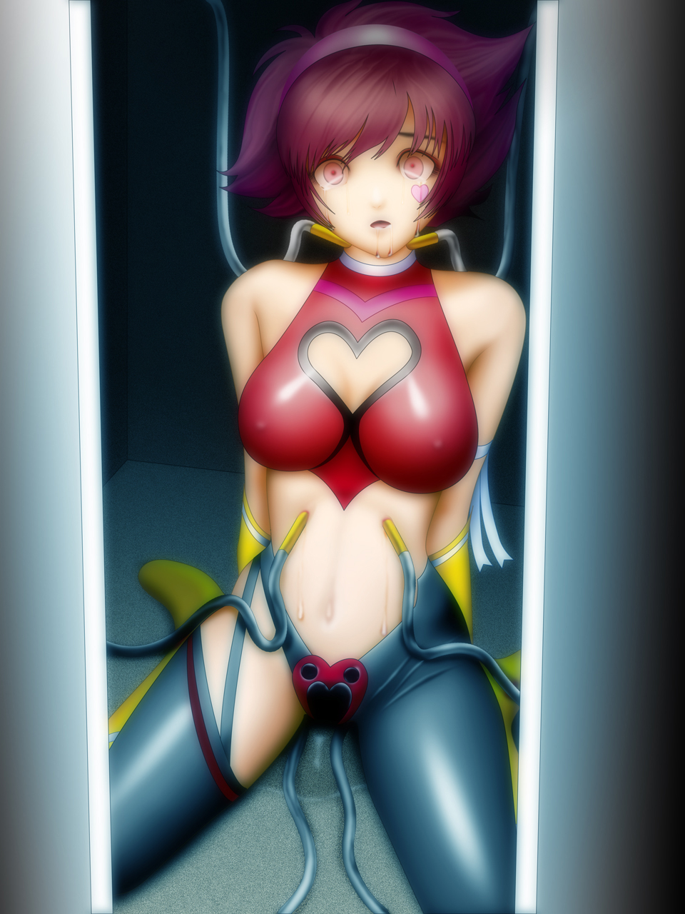 00s 1girls android breasts choker crop_top cutie_honey cutie_honey_(character) female heart honey_kisaragi large_breasts light-skinned_female light_skin pants pointy_chin re:_cutie_honey red_hair samejima_minoru short_hair