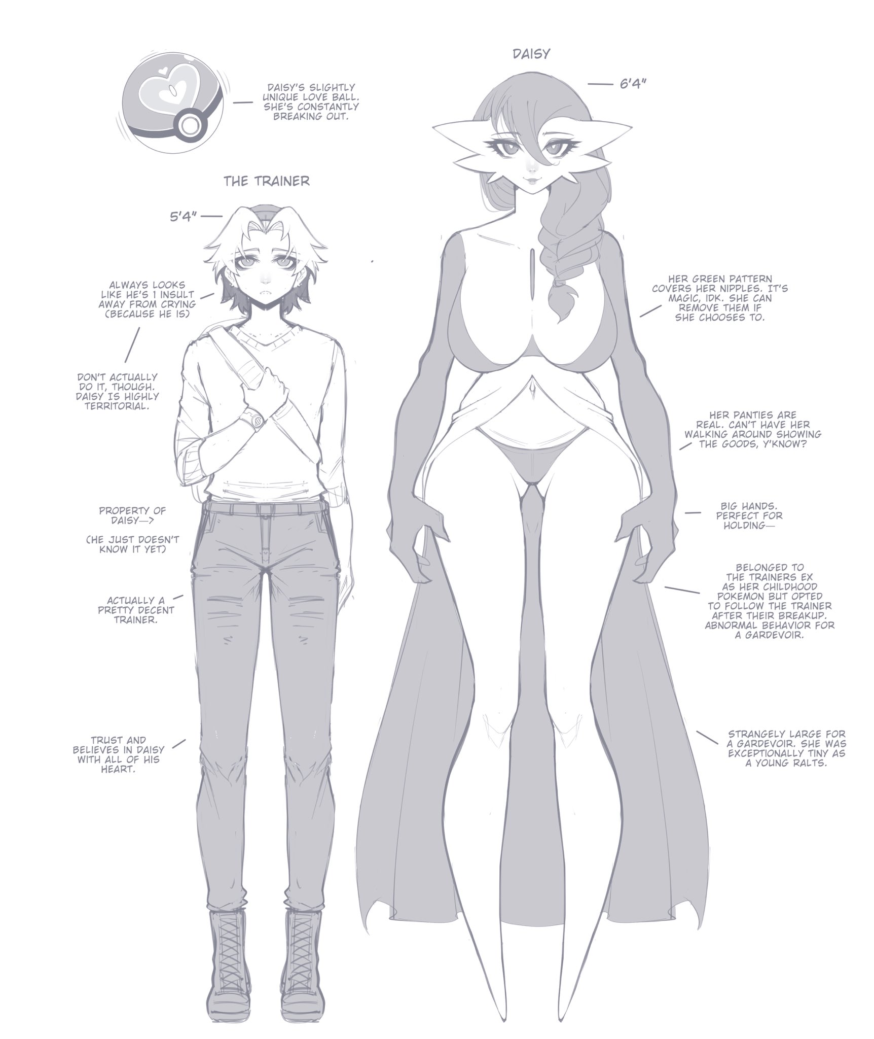 1boy, 1girls, ass visible through thighs, big breasts, breasts, character sheet, daisy (luxurias), english text, female, full body, gardevoir, generation 3 pokemon, height difference, hi res, human, luxurias, male, monochrome, nintendo, pokémon (species), pokemon, pokemon (species), protective, tagme, text, white background, wide hips