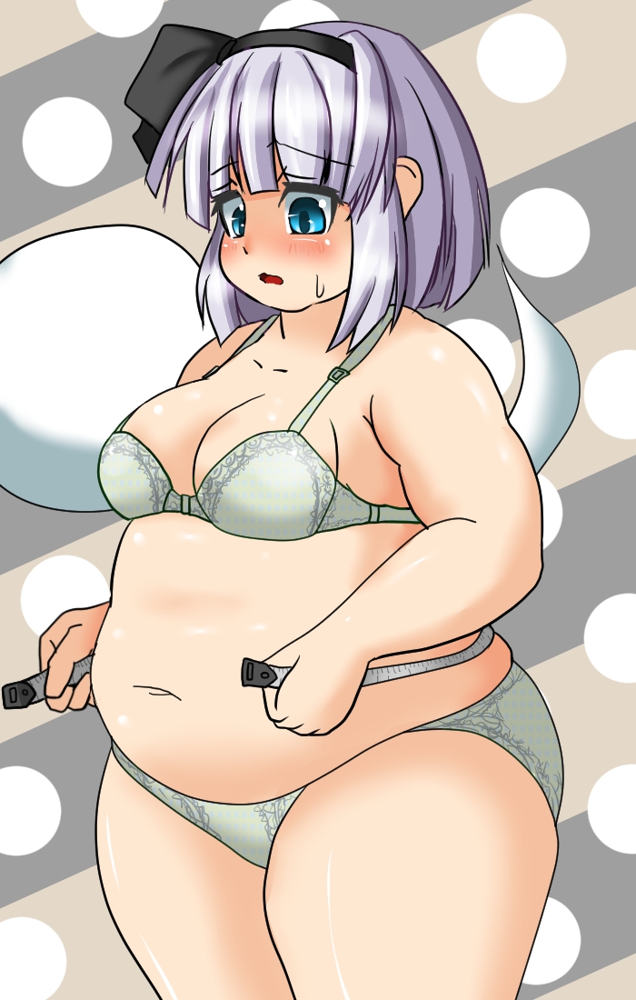 bbw belly_overhang big_belly big_female blush bra chubby chubby_female double_chin embarrassed fat fat_female fat_fetish fat_girl fat_woman fatty large_female obese obese_female overweight overweight_female panties plump pork_chop sweatdrop sweating tape_measure thick_thighs touhou tubby weight_conscious weight_gain youmu_konpaku