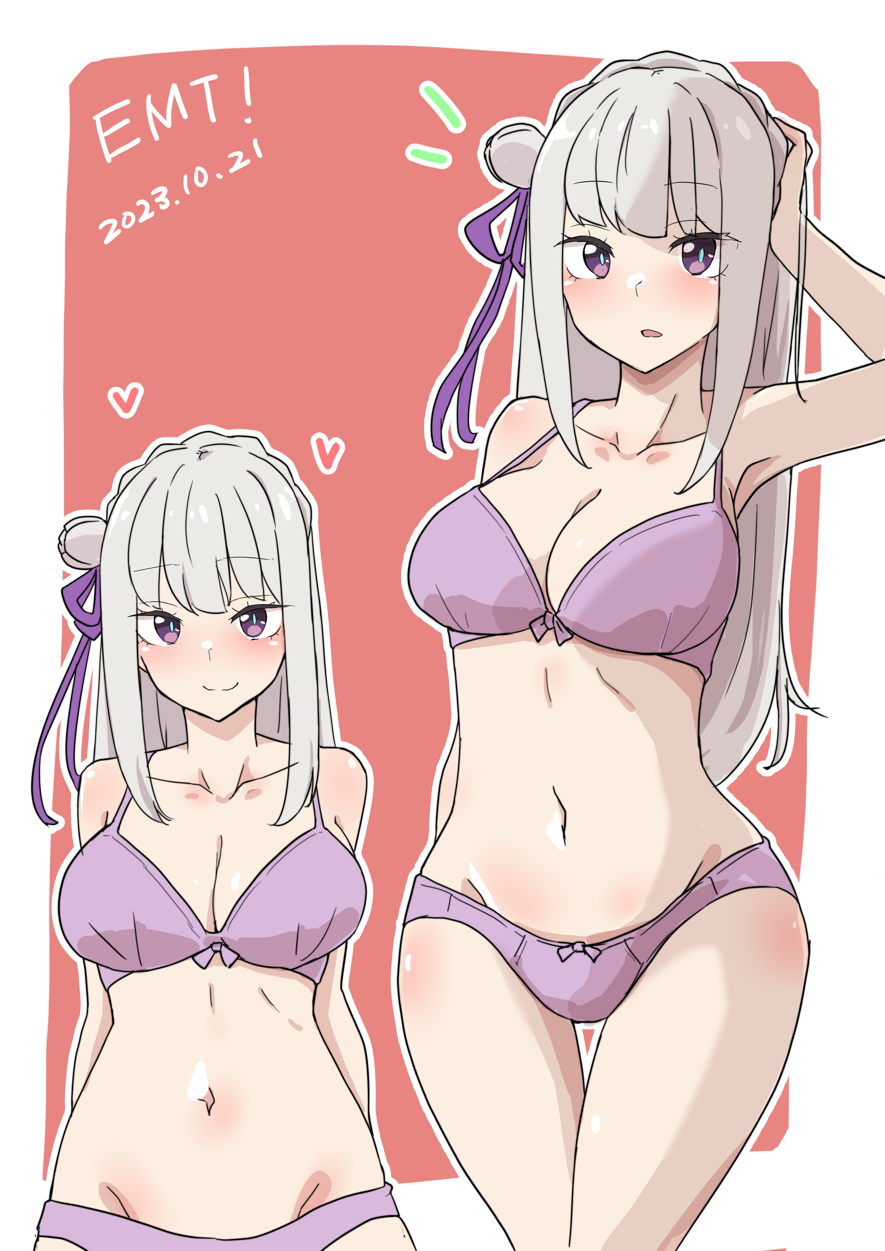 1girls, armpit, bare legs, bare thighs, belly, bra, breasts, cleavage, elf, elf ears, elf female, elf girl, emilia (re:zero), female, half naked, hips, kocho (artist), panties, purple bra, purple eyes, purple panties, re:zero kara hajimeru isekai seikatsu, silver hair, solo, solo focus, standing, thighs, underwear