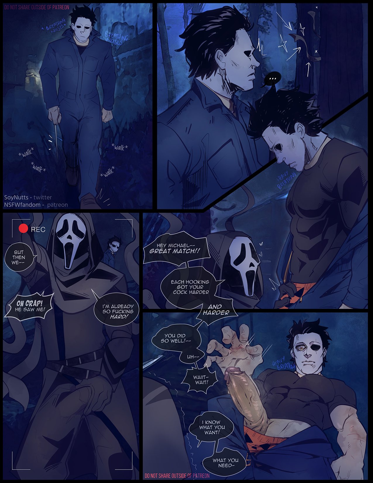 2boys bulge camera comic cum dead_by_daylight erection foreskin forest gay ghostface halloween male_focus male_only mask michael_myers naughty_face outdoors pants_pull penis penis_reveal recording scream_(franchise) selfie soynutts sweat text undresing undressing walk-in yaoi