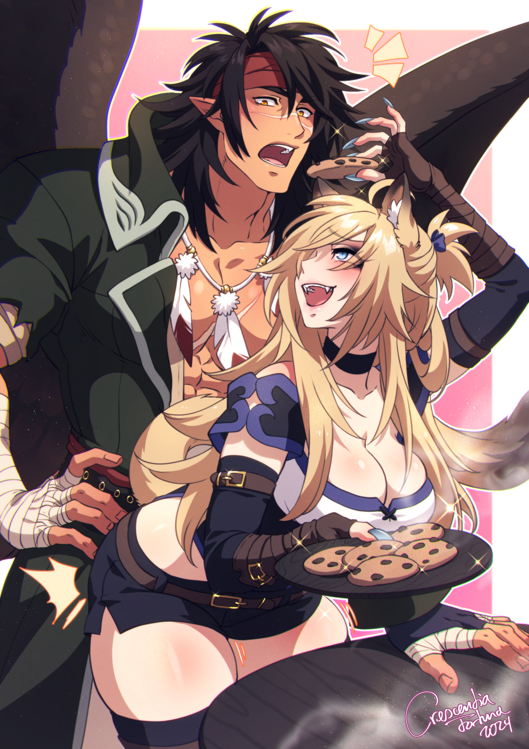 1boy 1girls abs blonde_hair blue_nails breasts cleavage couple crescentia crescentia_fortuna feather_necklace feathered_wings female fire_emblem fire_emblem:_radiant_dawn hair_over_one_eye highres jewelry large_breasts large_pectorals leather leather_belt leather_pants male muscular muscular_male necklace nintendo open_mouth original pants pectoral_cleavage pectorals scar scar_on_chest shorts side_slit side_slit_shorts spread_wings straight teasing thick_eyebrows tibarn_(fire_emblem) very_long_fingernails wings