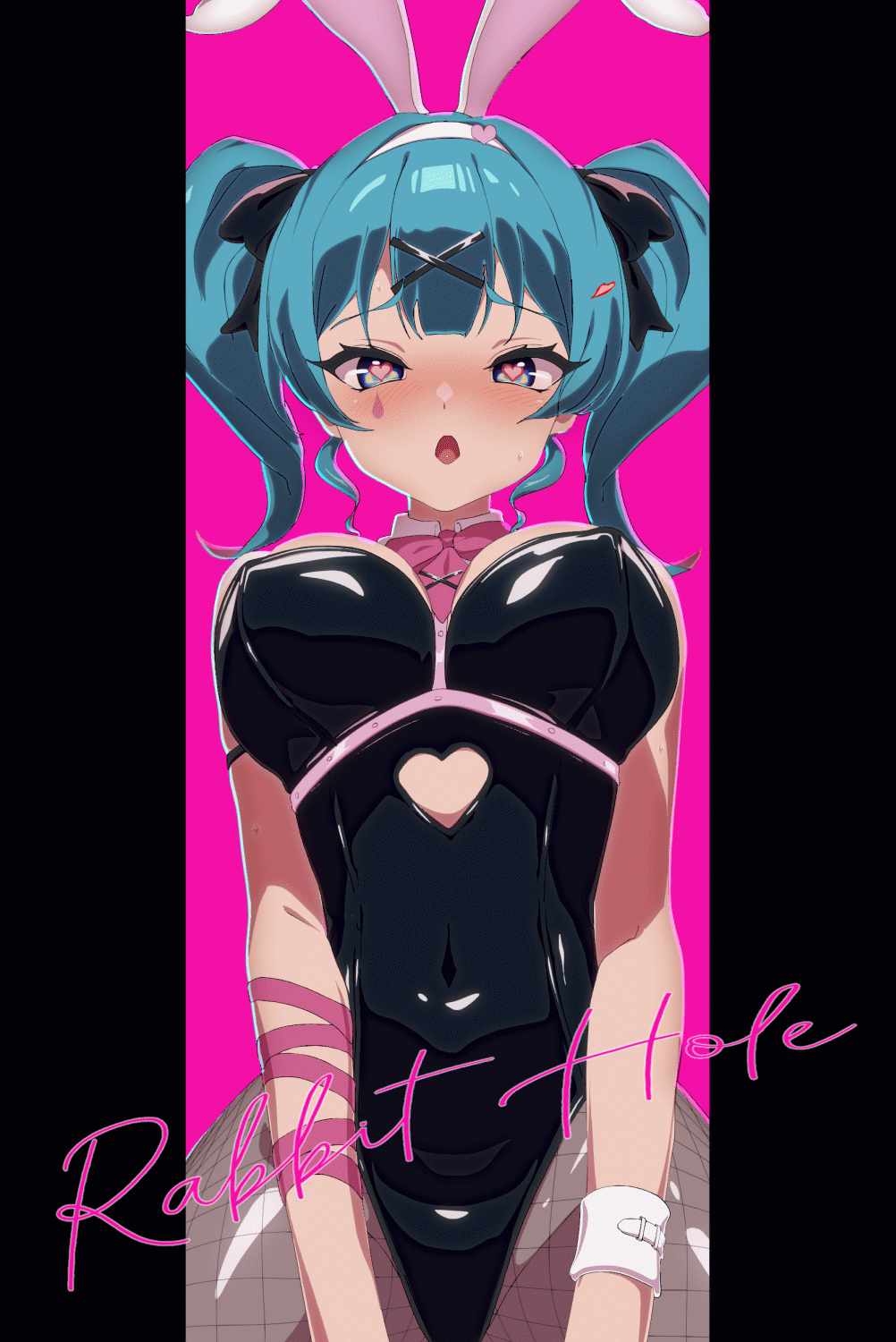animal_ears animated bare_shoulders black_leotard blue_eyes blue_hair blush bouncing_breasts bow bowtie breasts detached_collar erect_nipples erect_nipples_under_bodysuit erect_nipples_under_clothes erect_nipples_under_leotard fake_animal_ears female hair_ornament hatsune_miku heart heart-shaped_pupils highres implied_sex leotard looking_at_viewer looping_animation mv_character nipples_visible_through_clothing open_mouth pantyhose pink_pupils playboy_bunny rabbit_ears rabbit_hole_(deco*27/caststation) rabbit_hole_(vocaloid) scene_reference solo symbol-shaped_pupils teardrop_facial_mark theobrobine twintails vocaloid x_hair_ornament