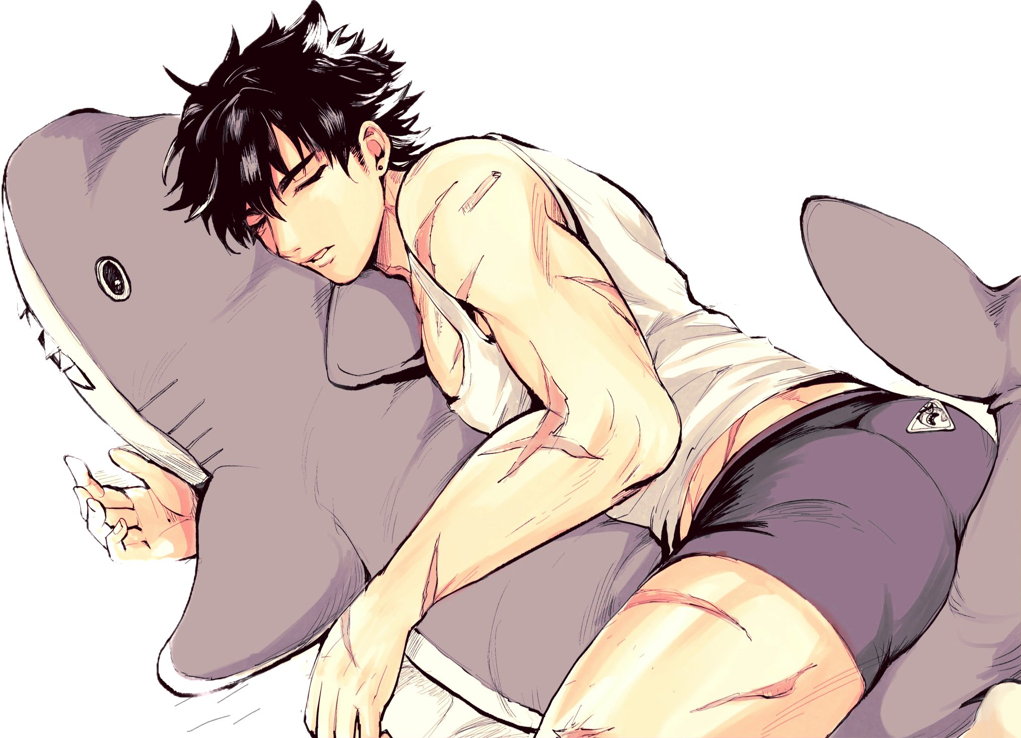 1boy, artist request, ass, blahaj, bubble ass, bubble butt, genshin impact, ikea, male, male focus, male only, sleeping, wriothesley (genshin impact)
