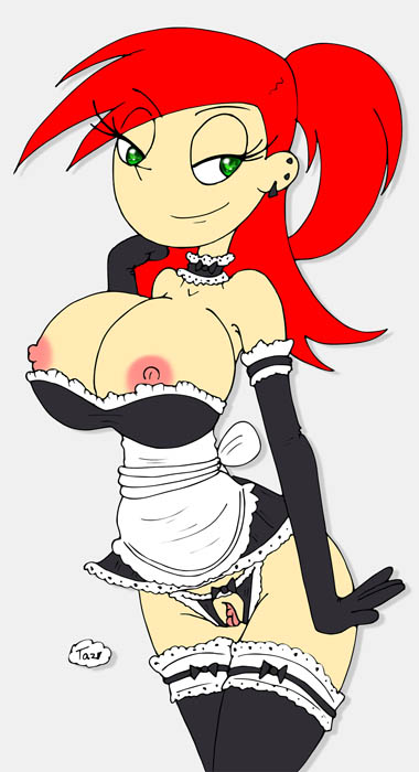 1girls areola_slip areolae cartoon_network choker collar crotchless_panties earrings erect_nipples female female_only foster's_home_for_imaginary_friends frankie_foster gloves green_eyes huge_eyes human innocenttazlet maid maid_uniform nipple_slip nipples panties pussy red_hair solo stockings thighhighs