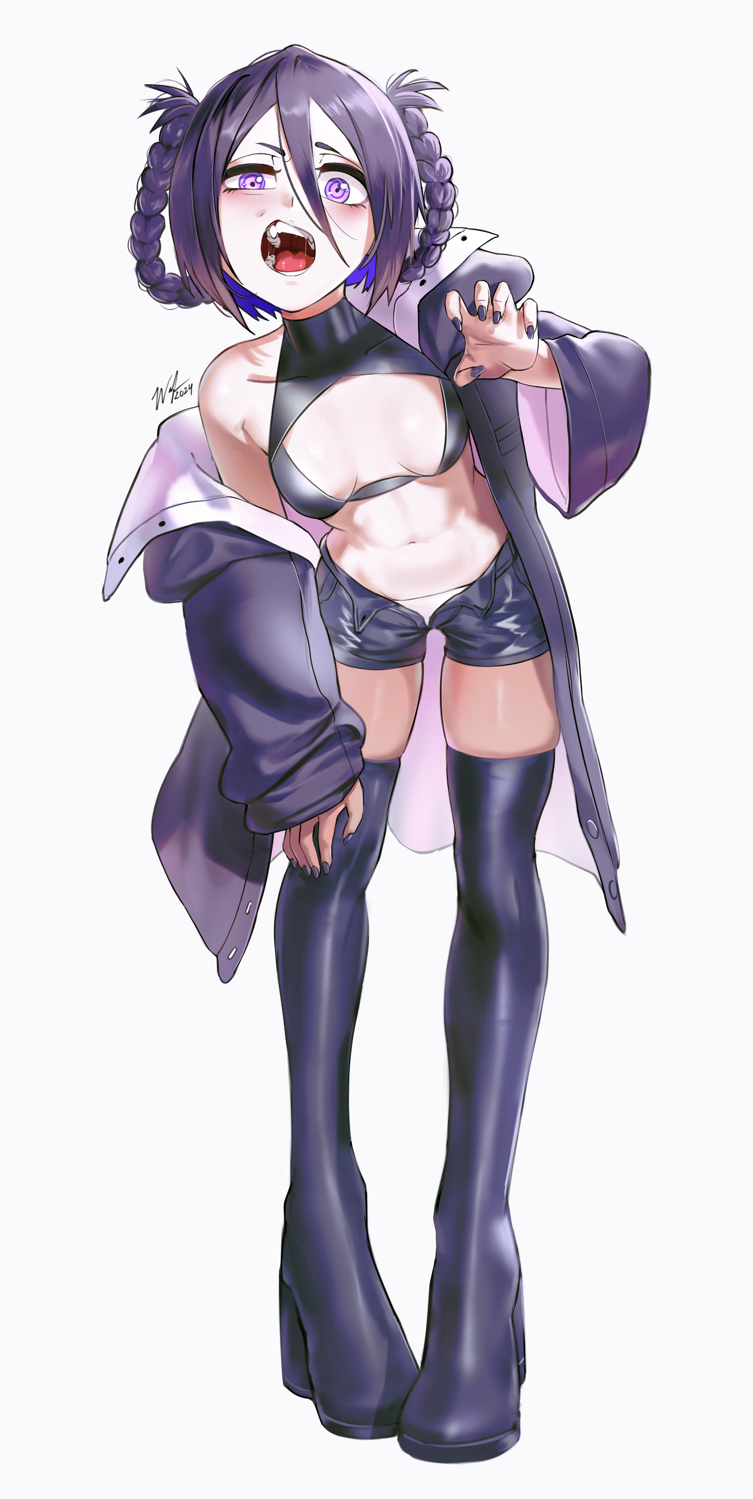 1girls, abdomen, black hair, bleach, breasts, cosplay, crossover cosplay, female, female only, kuchiki rukia, legs, nanakusa nazuna (cosplay), navel, open mouth, purple eyes, self upload, short hair, small breasts, vampire, vampire girl, waligner, yofukashi no uta