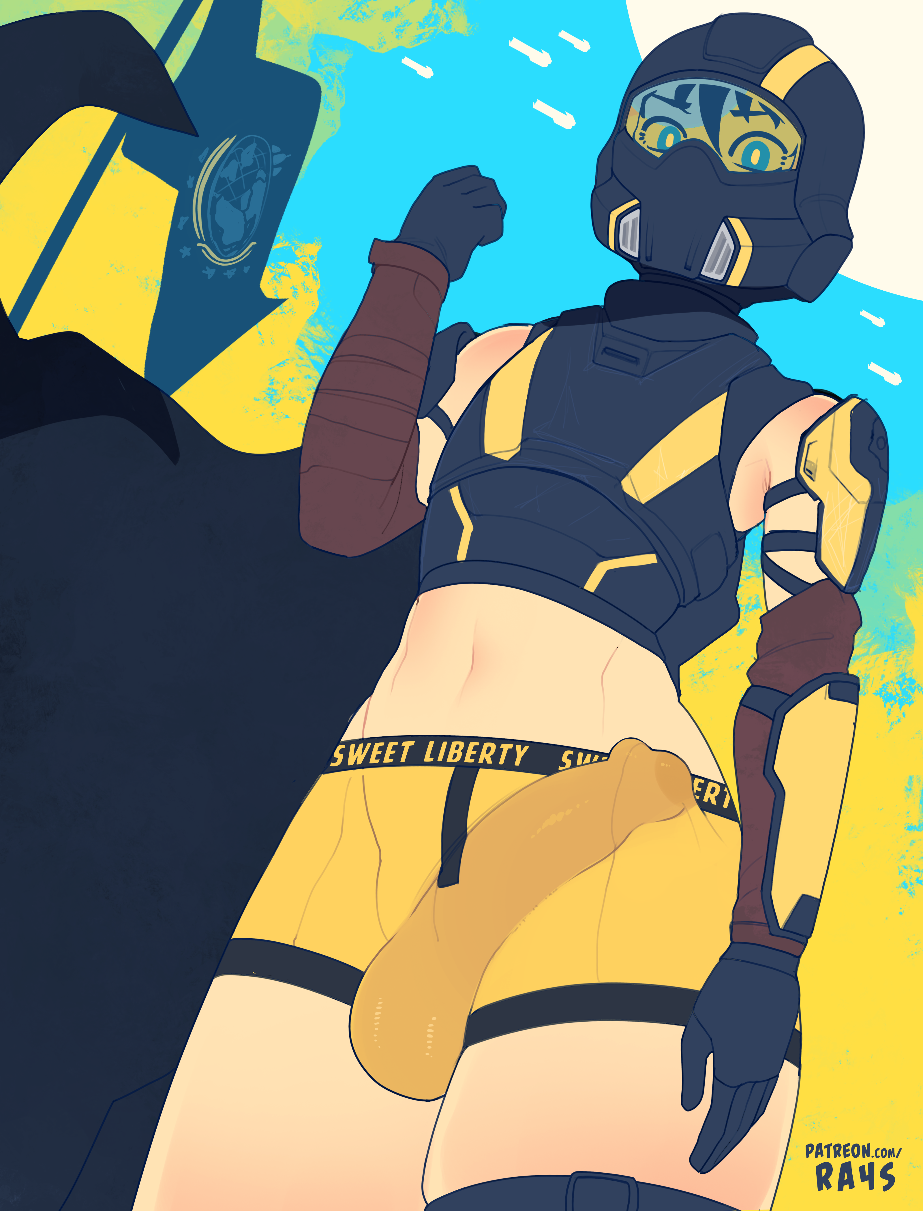big penis, blue eyes, erection, erection under clothes, femboy, genital outline, genitals, gloves, helldiver (helldivers), helldivers, helldivers 2, helmet, hi res, hung femboy, hung trap, male, male only, no pants, penis, penis under clothes, ra4s, shoulder pads, solo, twink, underwear, yaoi