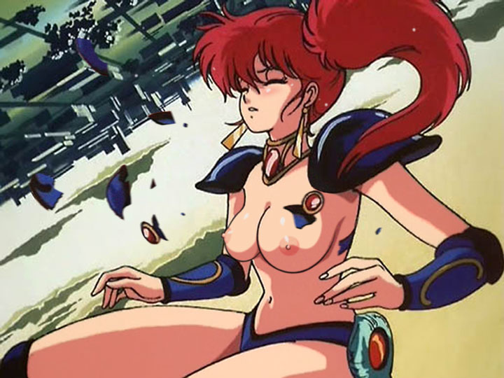 1girls 80s asagiri_youko bikini_armor breasts closed_eyes edit female genmu_senki_leda human light-skinned_female light_skin long_hair nipples nude_filter ponytail red_hair screencap solo