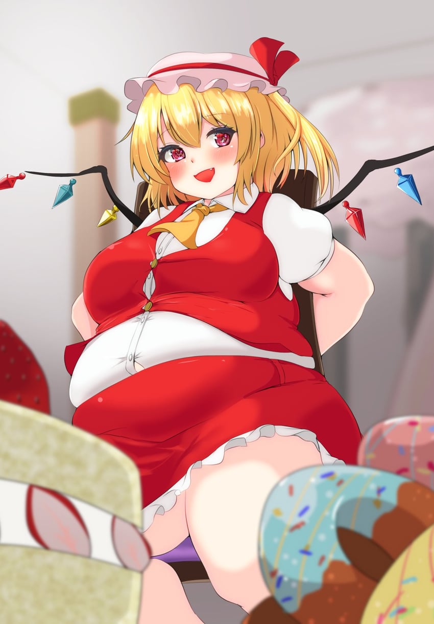 bbw belly_overhang big_belly big_female blush chubby chubby_female embarrassed fat fat_female fat_fetish fat_girl fat_woman fatty flandre_scarlet food large_female overweight overweight_female plump pork_chop strawberry strawberry_shortcake_(food) thick_thighs touhou tubby weight_gain