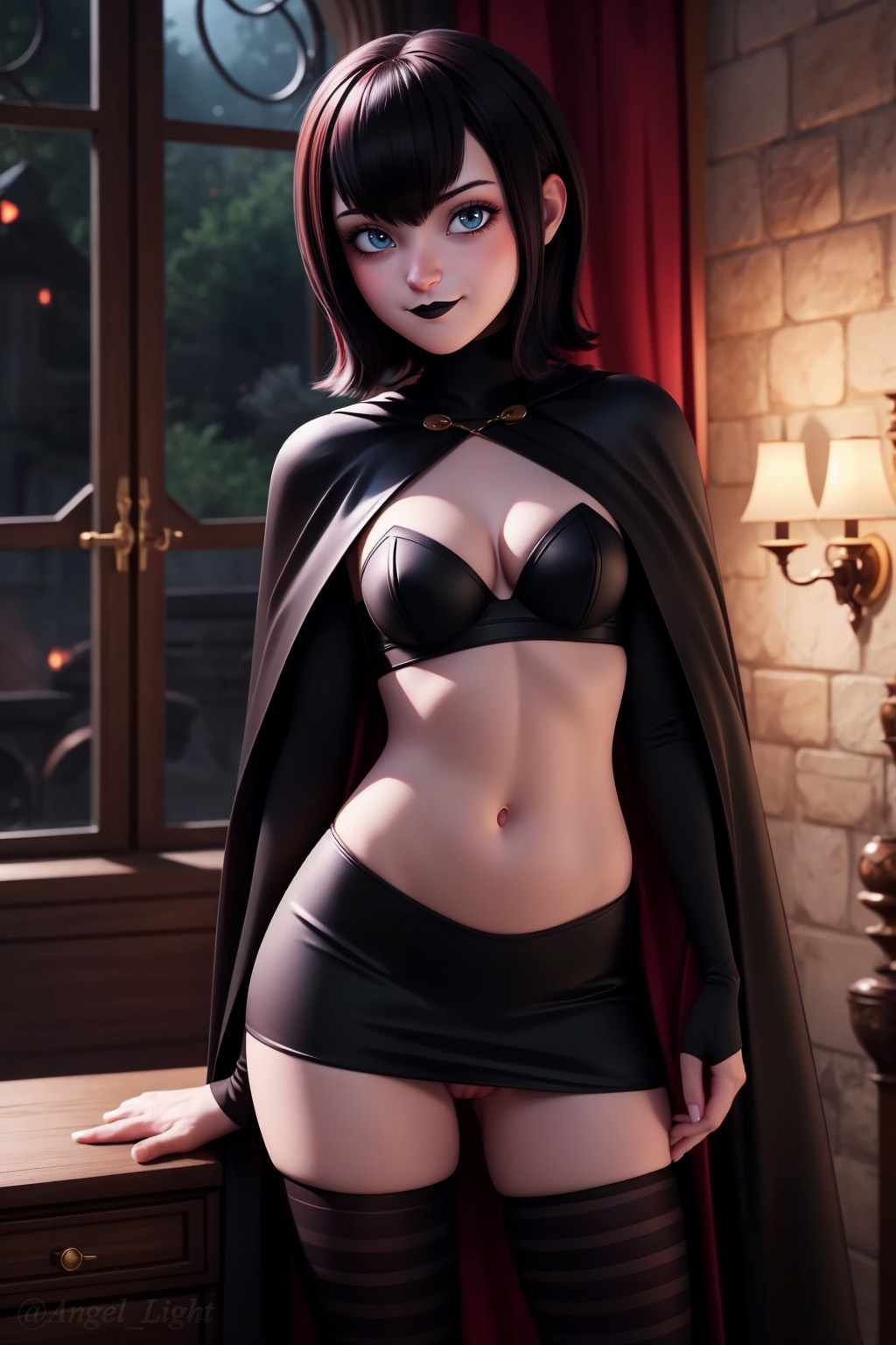 1girls, ai generated, angel light, angel light (artist), black hair, blue eyes, female, hotel transylvania, mavis dracula, miniskirt, no panties, source removed, vampire