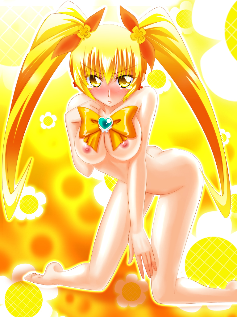 blonde_hair breasts cure_sunshine engo_(aquawatery) hair_ribbon heart heartcatch_precure! heartcatch_pretty_cure! itsuki_myoudouin kneeling long_hair magical_girl medium_breasts myoudouin_itsuki nude nude_female precure pretty_cure ribbon solo sunflowers tear teary_eyes tied_hair twintails yellow_background yellow_eyes yellow_theme