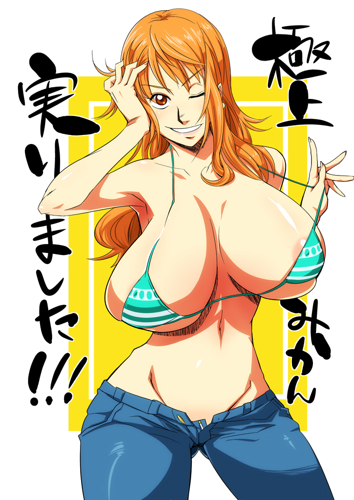 bikini, bikini top, breasts, breasts bigger than head, female, female only, huge breasts, human, japanese text, jeans, karakishi youhei-dan, long hair, nami (one piece), one eye closed, one piece, orange hair, orange-haired female, post-timeskip, shounen jump, simple background, smile, solo, striped bikini, sunahara wataru, teasing, teasing viewer, text