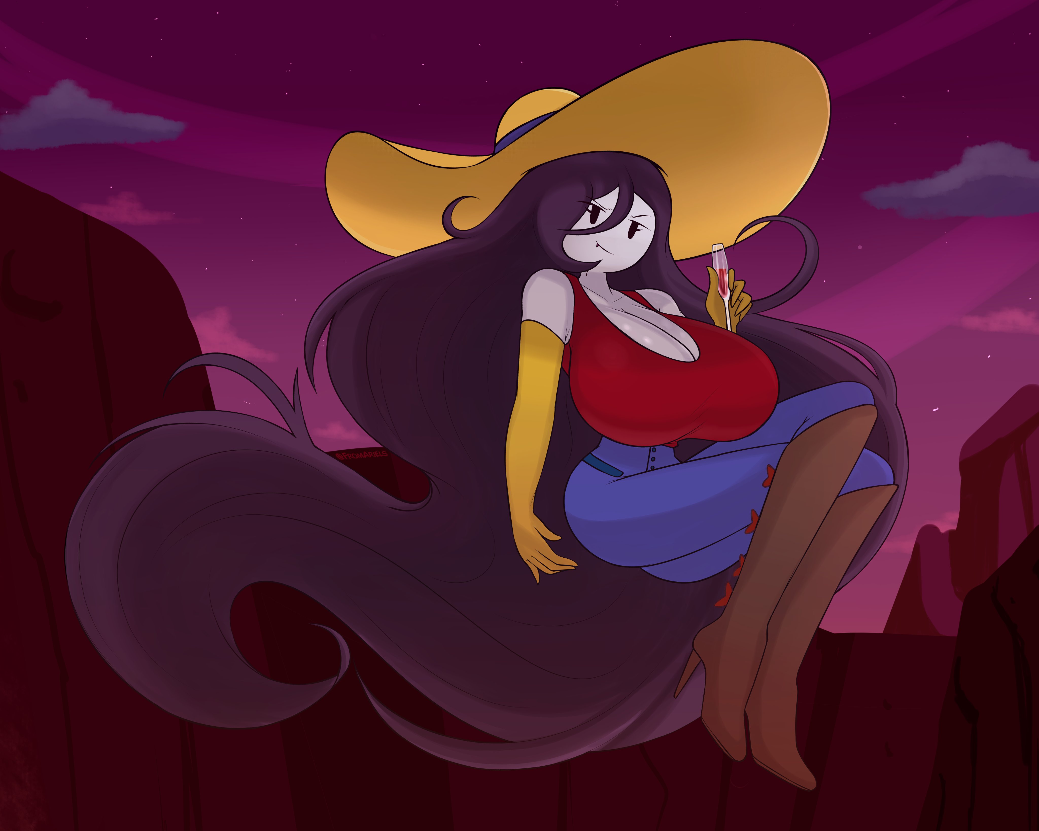 1girls, adventure time, big breasts, boots, breasts, cartoon network, dark hair, female, fromariels, hat, huge breasts, long hair, looking at viewer, marceline, solo, tagme, vampire, wine glass