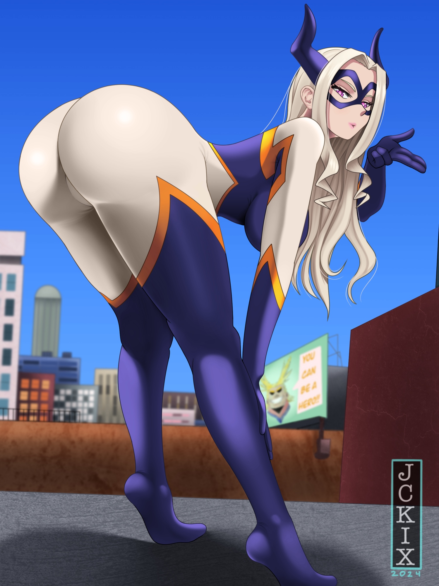 1girls, 2024, 2d, 2d (artwork), artist name, ass, ass focus, bent over, big ass, blonde hair, blowing kiss, blue sky, breasts, city, city background, clothed, clothed female, day, female, female only, full body, fully clothed, hero outfit (mha), heroine, jckix art, large breasts, legs, long hair, long legs, magenta eyes, mature female, mount lady, my hero academia, paag, pervert female, questionable, sex invitation, sky, solo, solo female, straight hair, superheroine, urban, younger female, yuu takeyama