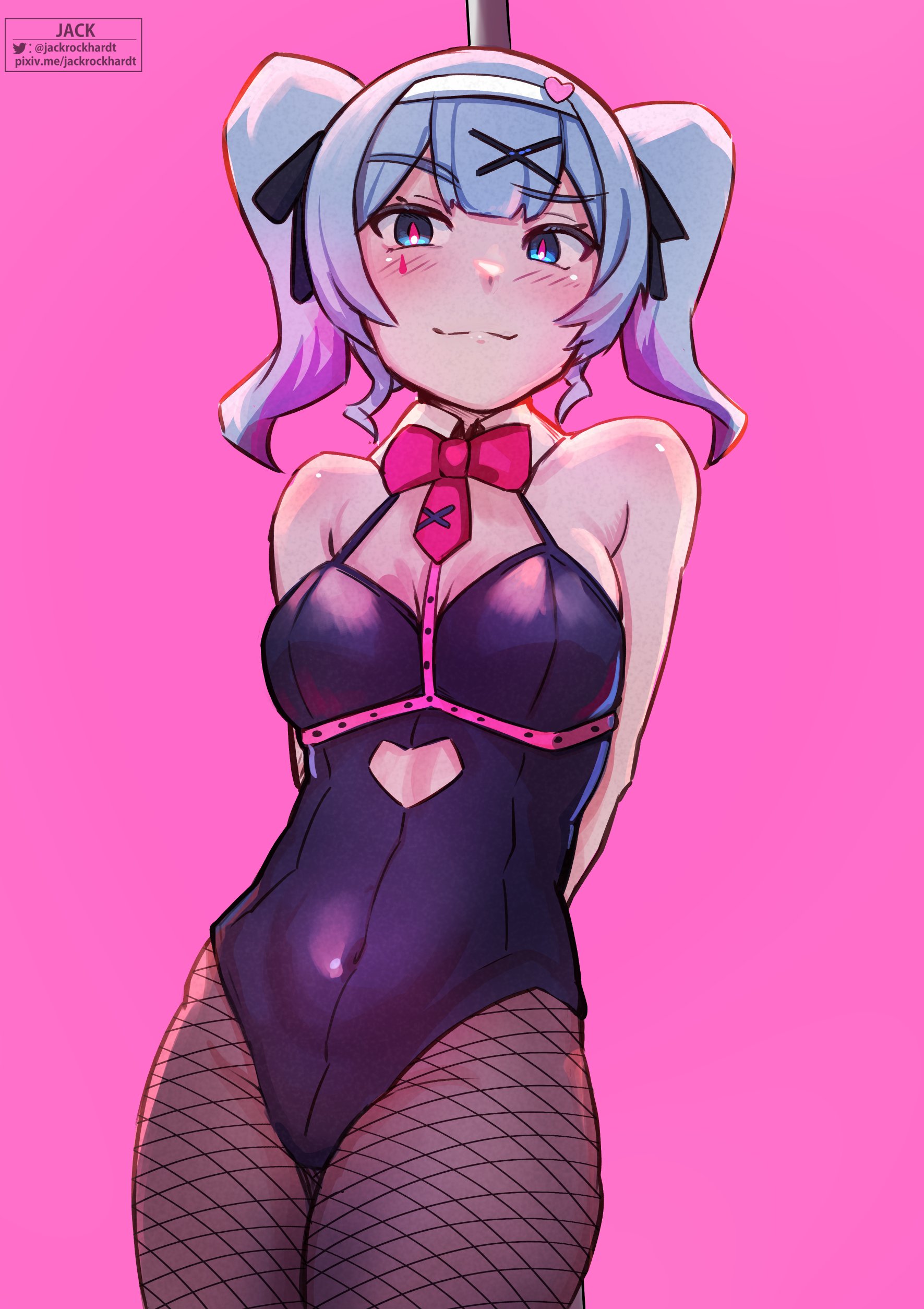 1girl, 1girls, arms behind back, bangs, bare shoulders, black leotard, black ribbon, blue eyes, blue hair, blush, bow, bowtie, breasts, bunnysuit, closed mouth, clothing cutout, covered navel, cowboy shot, detached collar, female, female only, fishnet pantyhose, fishnets, hair ornament, hair ribbon, hatsune miku, heart, heart cutout, hi res, jackrockhardt, leotard, looking at viewer, medium breasts, multicolored hair, mv character, neck ribbon, pantyhose, pink background, pink bow, pink bowtie, playboy bunny, rabbit hole (vocaloid), ribbon, simple background, smile, smiling, smiling at viewer, smug, solo, twintails, virtual youtuber, vocaloid