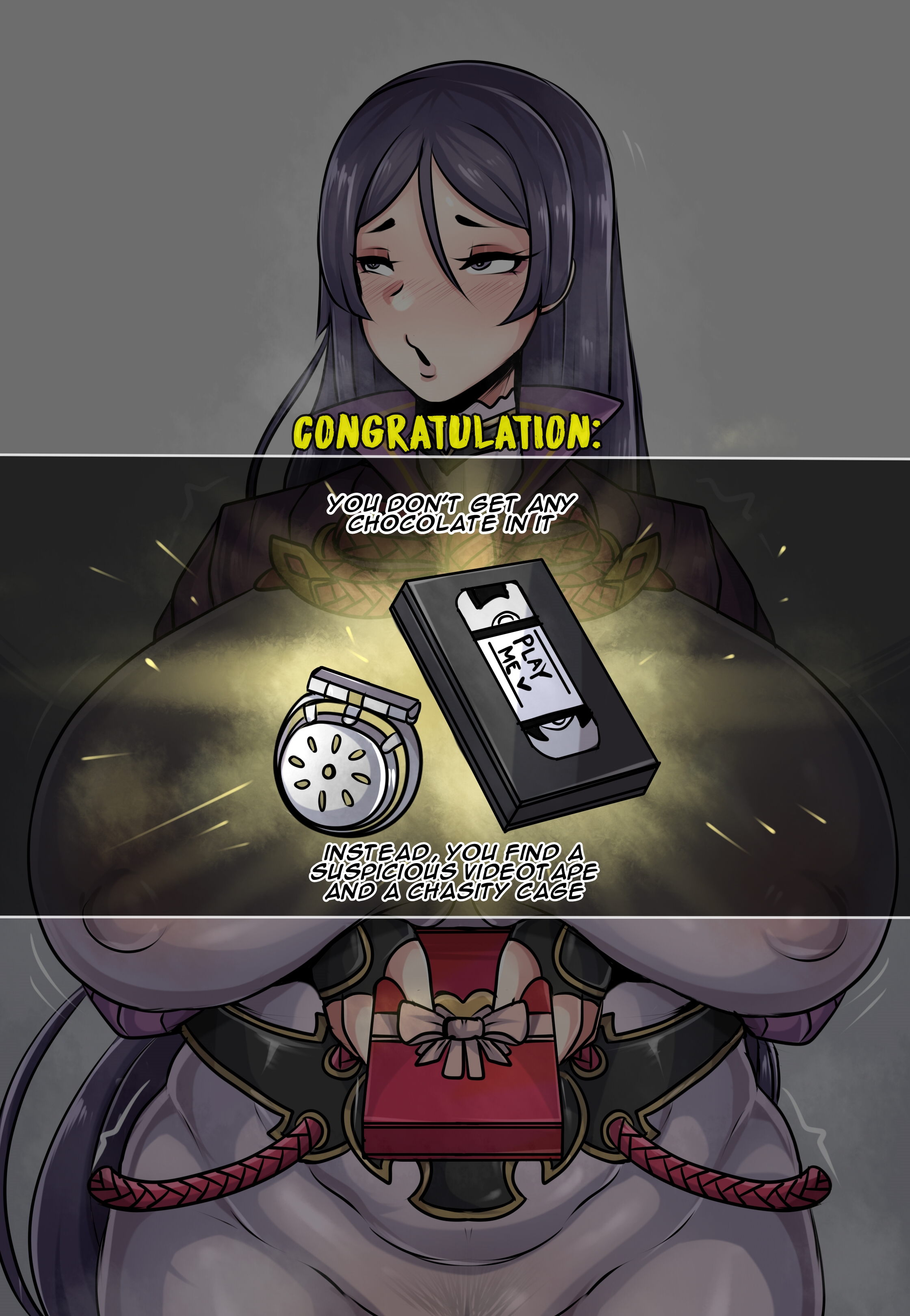 1girls, areolae, big breasts, blush, breasts, chastity cage, chastity device, chocolate, clothing, cuckold, english text, fate (series), fate/grand order, female, gigantic breasts, huge breasts, large breasts, long hair, massive breasts, minamoto no raikou (fate/grand order), nipples, pubic hair, purple hair, see-through, see-through clothing, tapeworm (artist), venus body