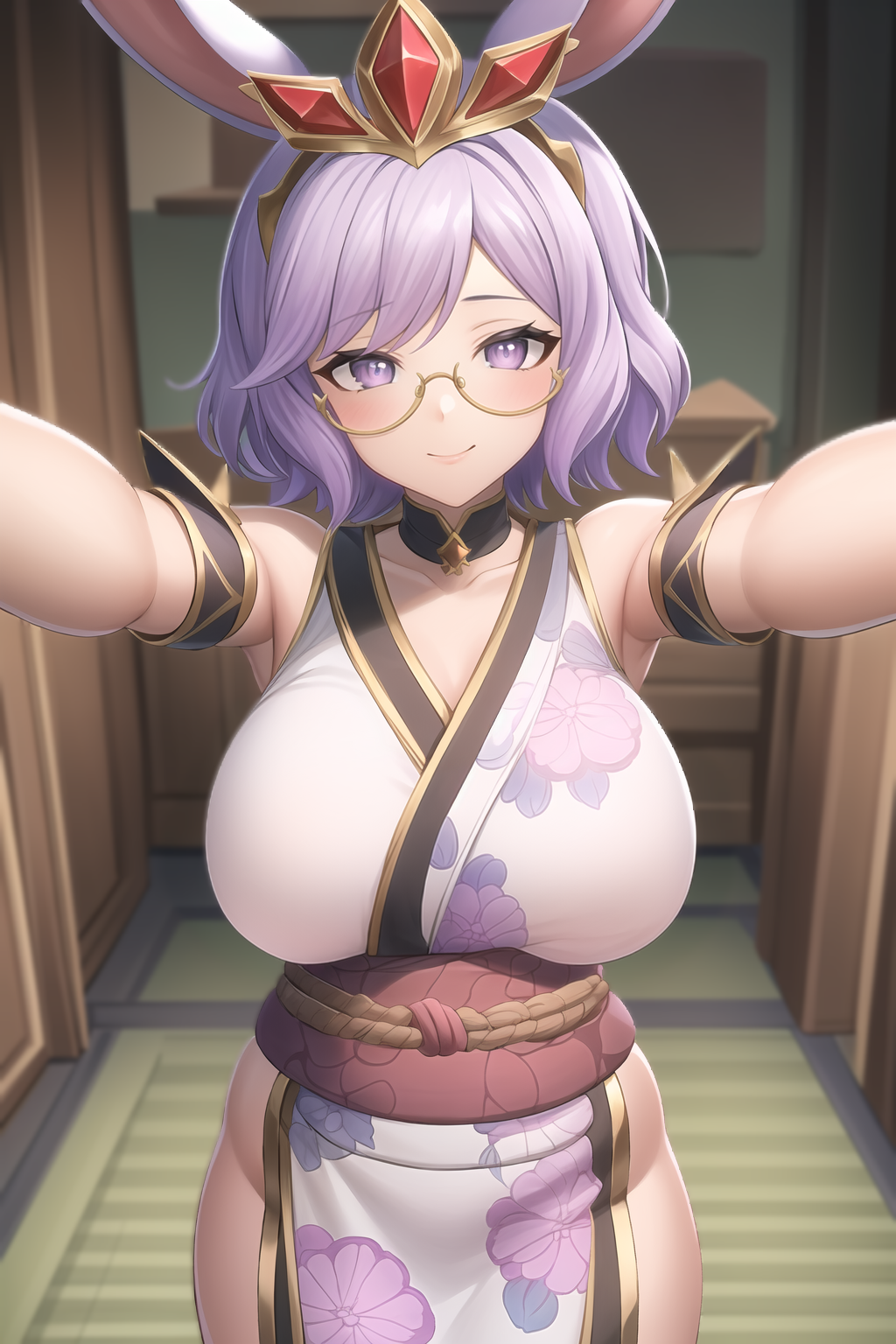 ai_generated bunny_ears glasses indoor large_breasts looking_at_viewer paladins purple_eyes purple_hair rei_(paladins) short_hair stable_diffusion tiara