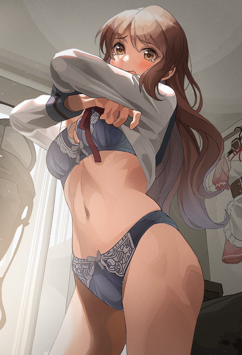 1girls apron asahina_mikuru blue_bra blue_panties blush bow bow_bra bow_panties bra breasts brown_eyes brown_hair clothes_hanger clothes_lift clothing contrapposto cowboy_shot curtains female flipped_hair furrowed_brow indoors kita_high_school_uniform lace lace_bra lace_panties lifted_by_self long_hair long_sleeves looking_at_viewer maid maid_apron matching_underwear medium_breasts navel open_mouth panties school_uniform serafuku shirt shirt_lift sidelocks solo spread_legs standing suzumiya_haruhi_no_yuuutsu swept_bangs tearing_up tears tipii underwear undressing very_long_hair wavy_mouth white_shirt winter_uniform