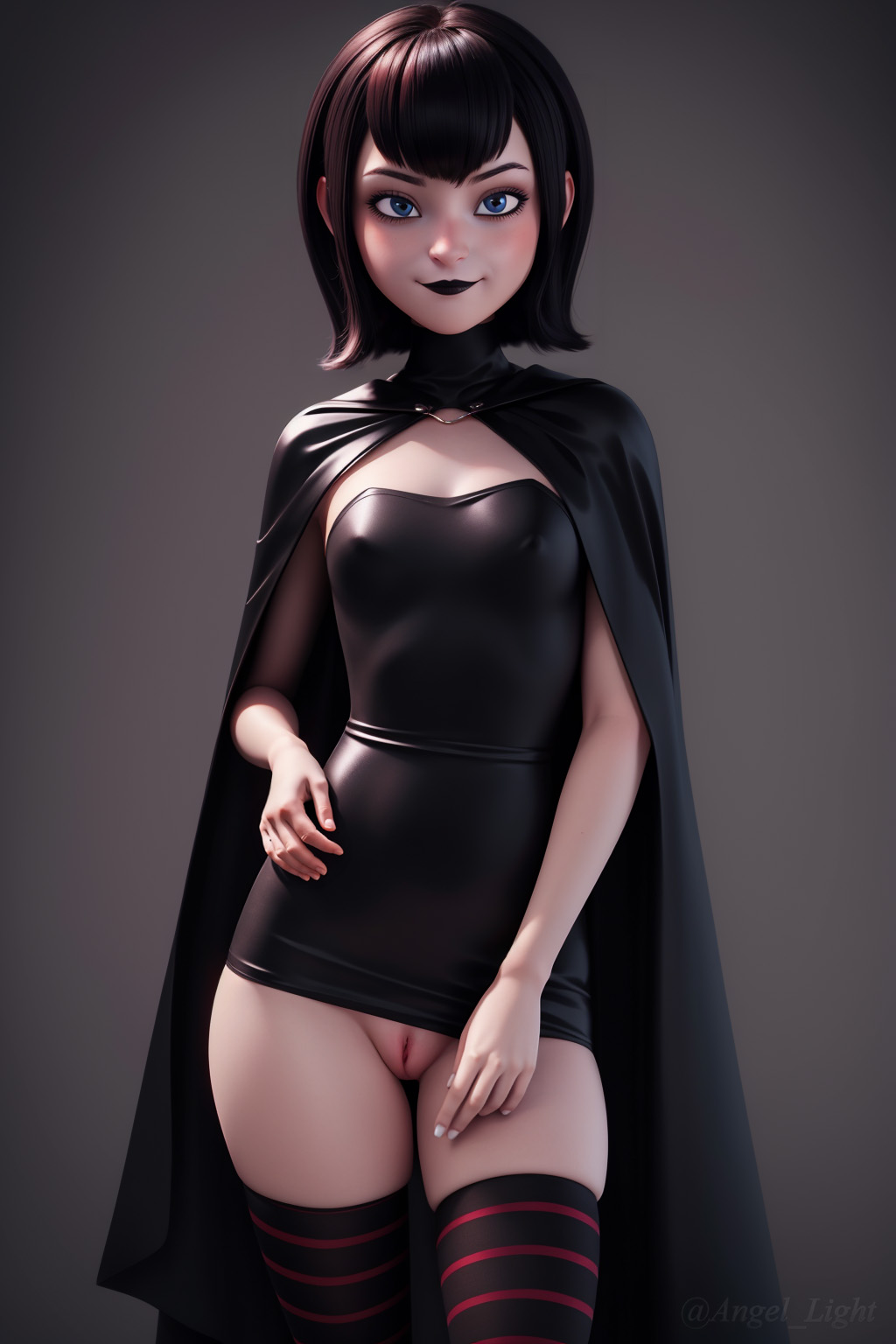 1girls, ai generated, angel light, angel light (artist), black hair, blue eyes, female, hotel transylvania, mavis dracula, pussy, skirt lift, vampire