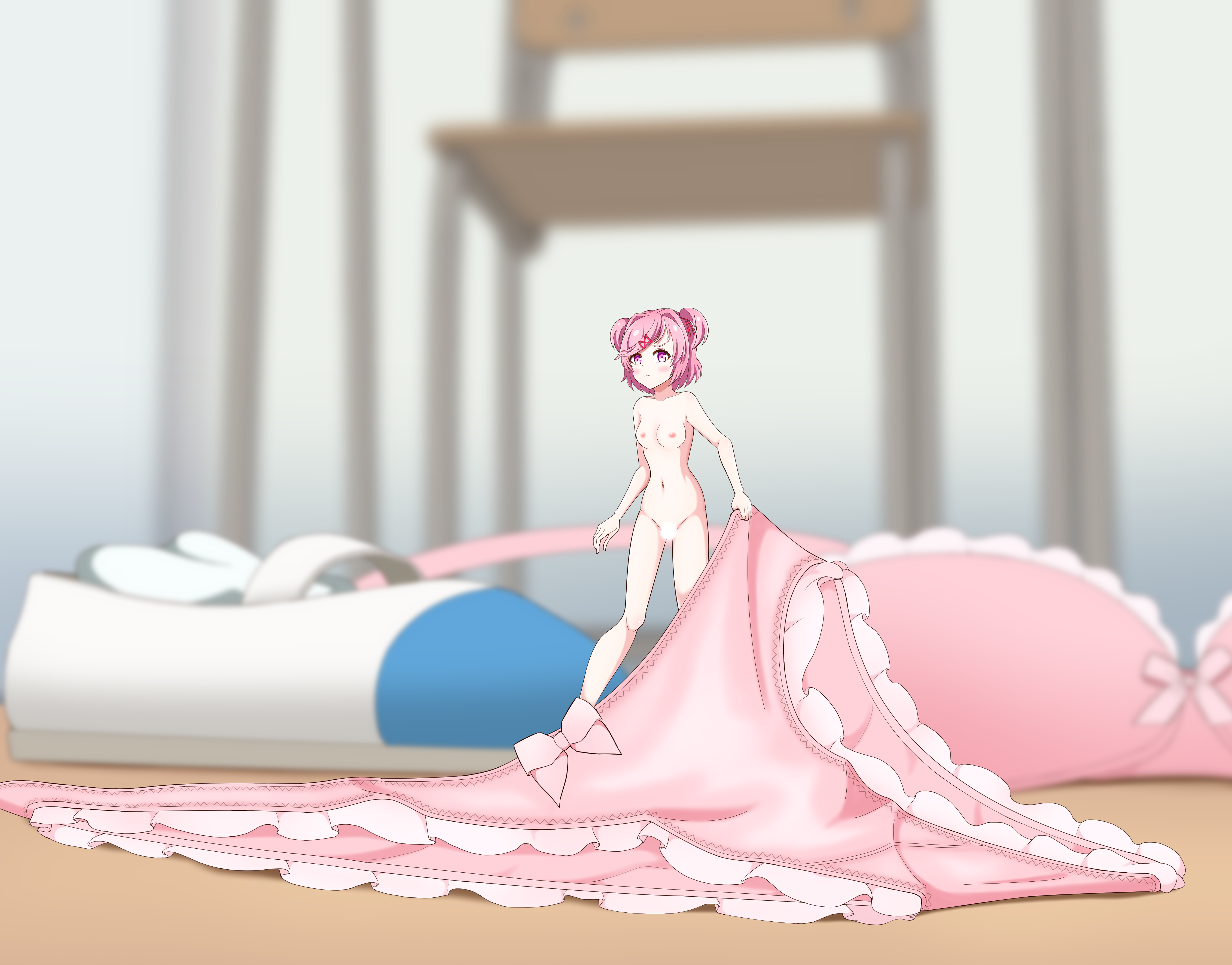 1girls, bra, censored, censored pussy, clothes on floor, doki doki literature club, embarrassed, embarrassed female, embarrassed naked female, embarrassed nude female, enf, female, female only, human, konagokyoujima, micro, micro female, naked, naked female, natsuki (doki doki literature club), nude, nude female, panties, pink eyes, pink hair, pussy, shrinking out of clothes, shrunk, shrunken female, solo