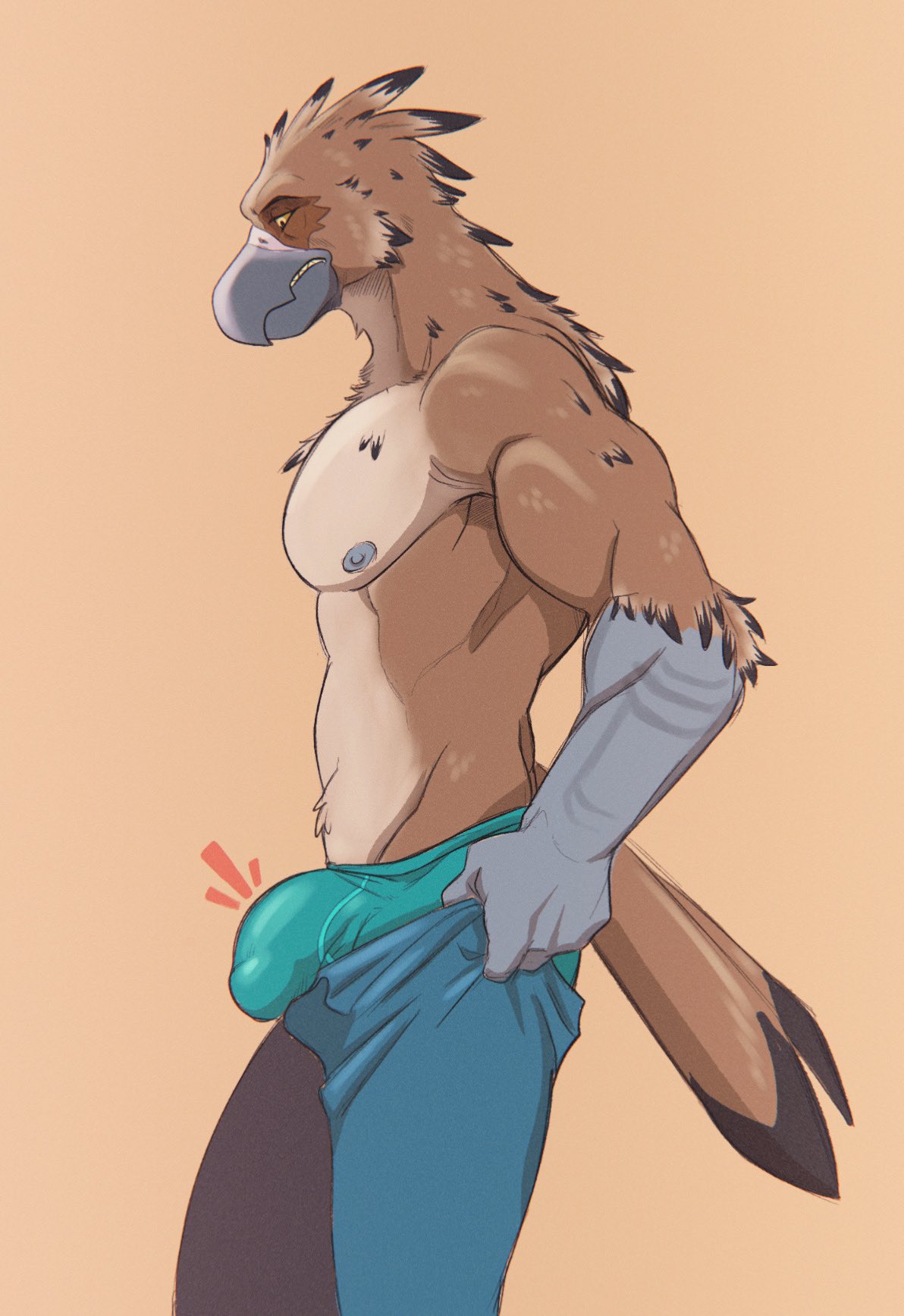 anthro avian beak biped bird bottomwear bulge clothing detailed_bulge digital_drawing_(artwork) digital_media_(artwork) hi_res male meme muscular muscular_anthro muscular_male nipples pants saber_artz simple_background solo tail tight_pants_(meme) underwear