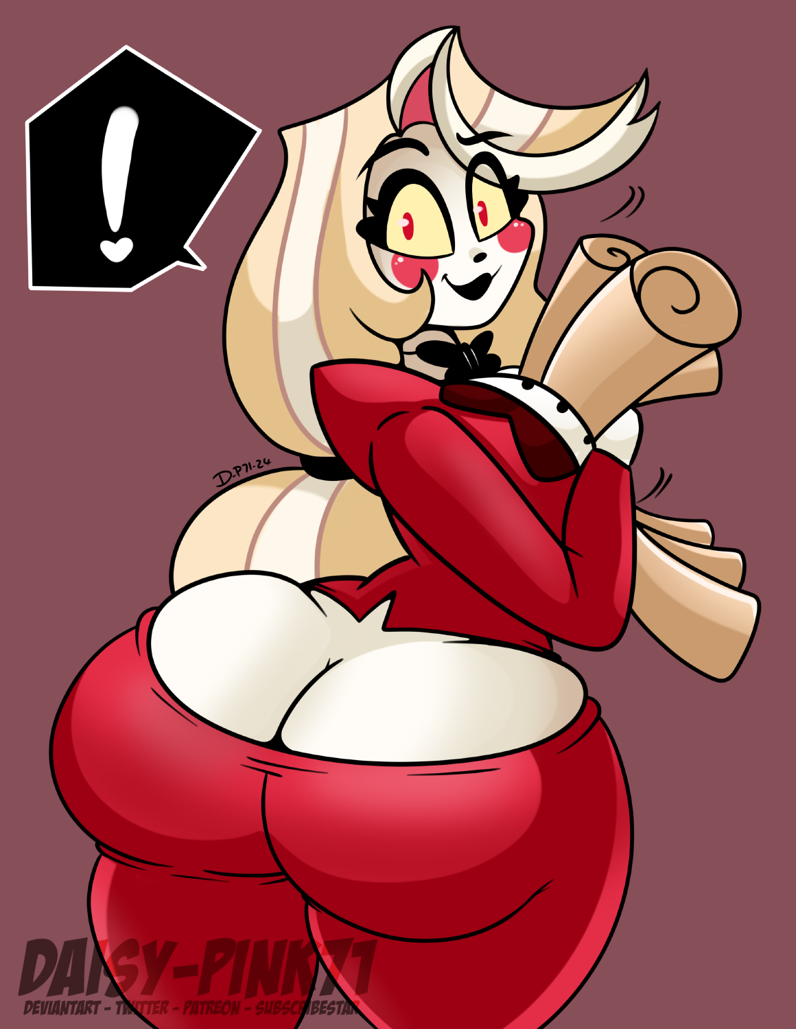 ass, ass cleavage, ass crack, ass focus, ass window, big ass, big butt, breasts, bubble ass, bubble butt, butt crack, casual, casual nudity, charlie morningstar (hazbin hotel), clothed, daisy-pink71, demon, demon girl, female, female only, hazbin hotel, huge ass, huge breasts, looking at viewer, looking back, looking back at viewer, no bra, pinup, teasing, tight clothing, vivziepop, y shaped butt crack