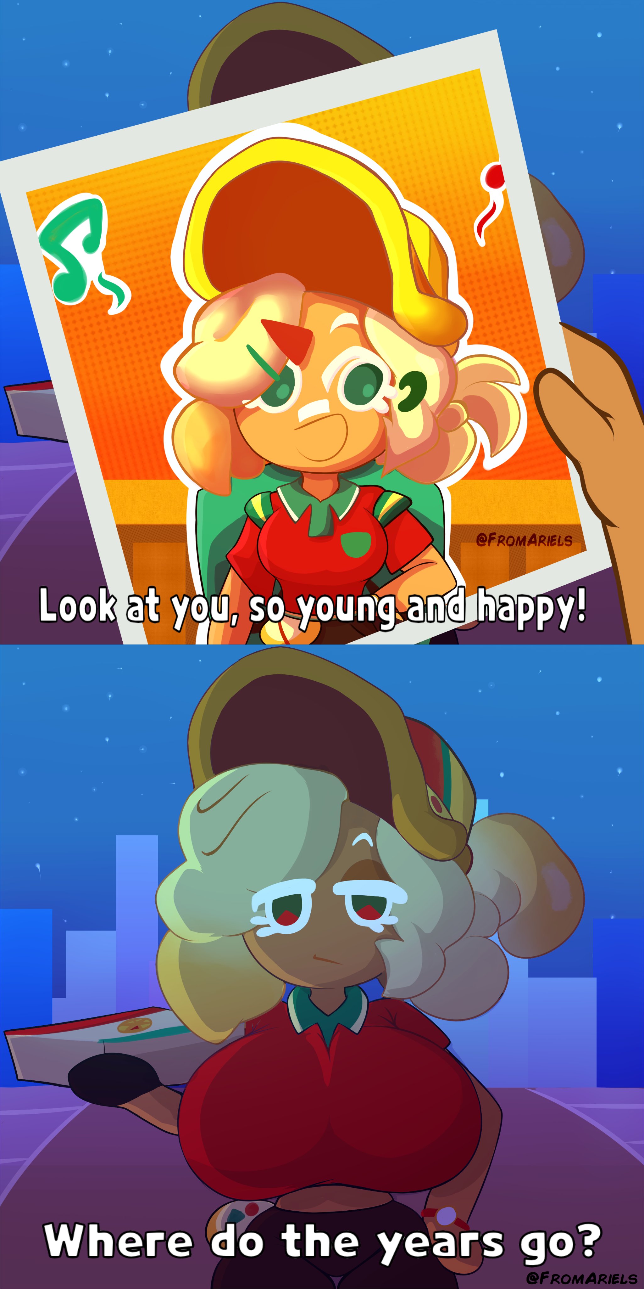 1girls, anthro, before and after, big breasts, blonde hair, breasts, closed mouth, clothed, clothing, cookie run, dialogue, eyebrows, eyelashes, female, female focus, fromariels, gloves, green eyes, hair, hat, hi res, highres, huge breasts, humanoid, hyper, hyper breasts, indoors, large breasts, meme, mouth, mouth closed, mouth open, open mouth, outdoors, picture, pizza box, pizza cookie, spongebob reference, standing, text, thick thighs, uniform, voluptuous