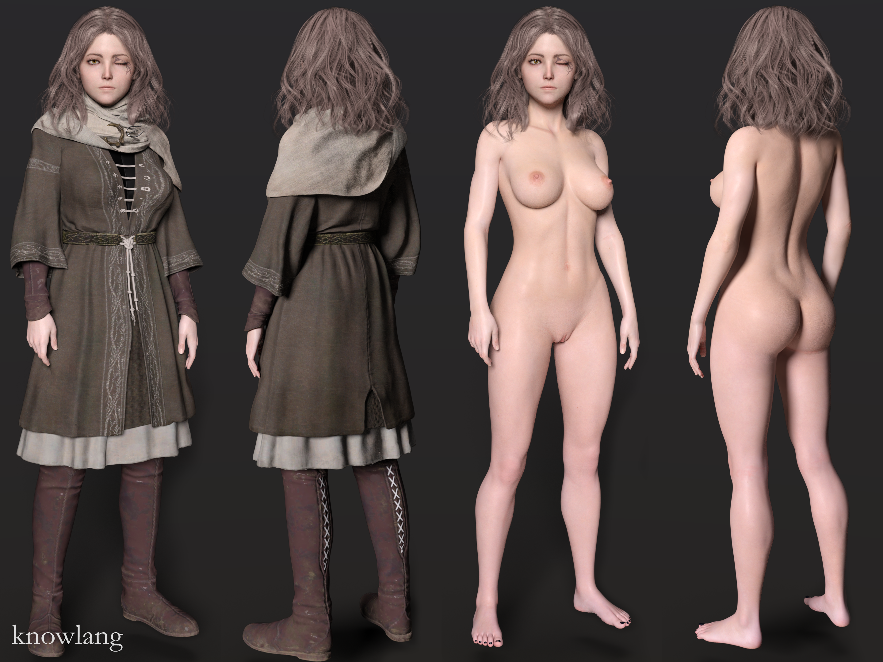 3d, 4:3, barefoot, breasts, casual, clothed/nude, clothing, completely nude, daz studio, elden ring, female, female focus, female only, fromsoftware, human, knowlang, melina (elden ring), nipples, nude, nude female, on/off, pale skin, pussy, shaved pussy