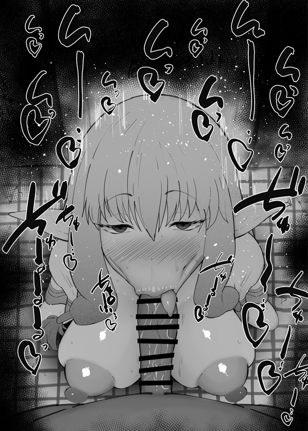 :>=, 1boy, 1girls, bare shoulders, big breasts, big penis, black and white, blowjob, blush, breasts, censored, dark skin, dark-skinned male, detailed background, drooling, elf, erect nipple, erect nipples, eyelashes, fellatio, female, heart, humanoid, indoor, indoors, kurotama, long hair, looking at viewer, male, male pov, nipples, oral, oral sex, penis, pointy ears, pov, saliva, serie (sousou no frieren), shiny, shiny skin, sketch, sound effects, sousou no frieren, squatting, text, tied hair, tongue, tongue out, twintails, vein, veins, veiny, veiny penis