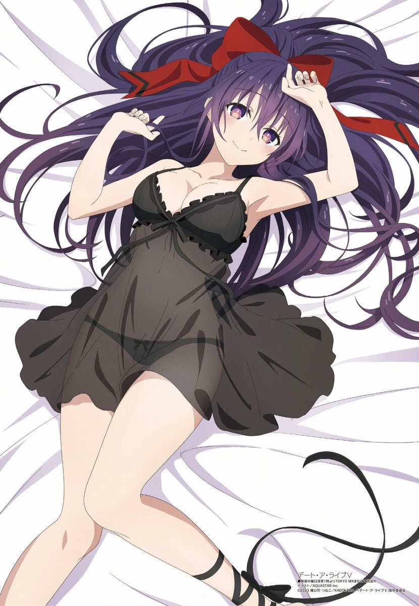 1girls 2d bed breasts date_a_live female light-skinned_female lingerie long_hair pink_nipples purple_eyes purple_hair ribbon solo solo_female solo_focus thighs underwear yatogami_tohka