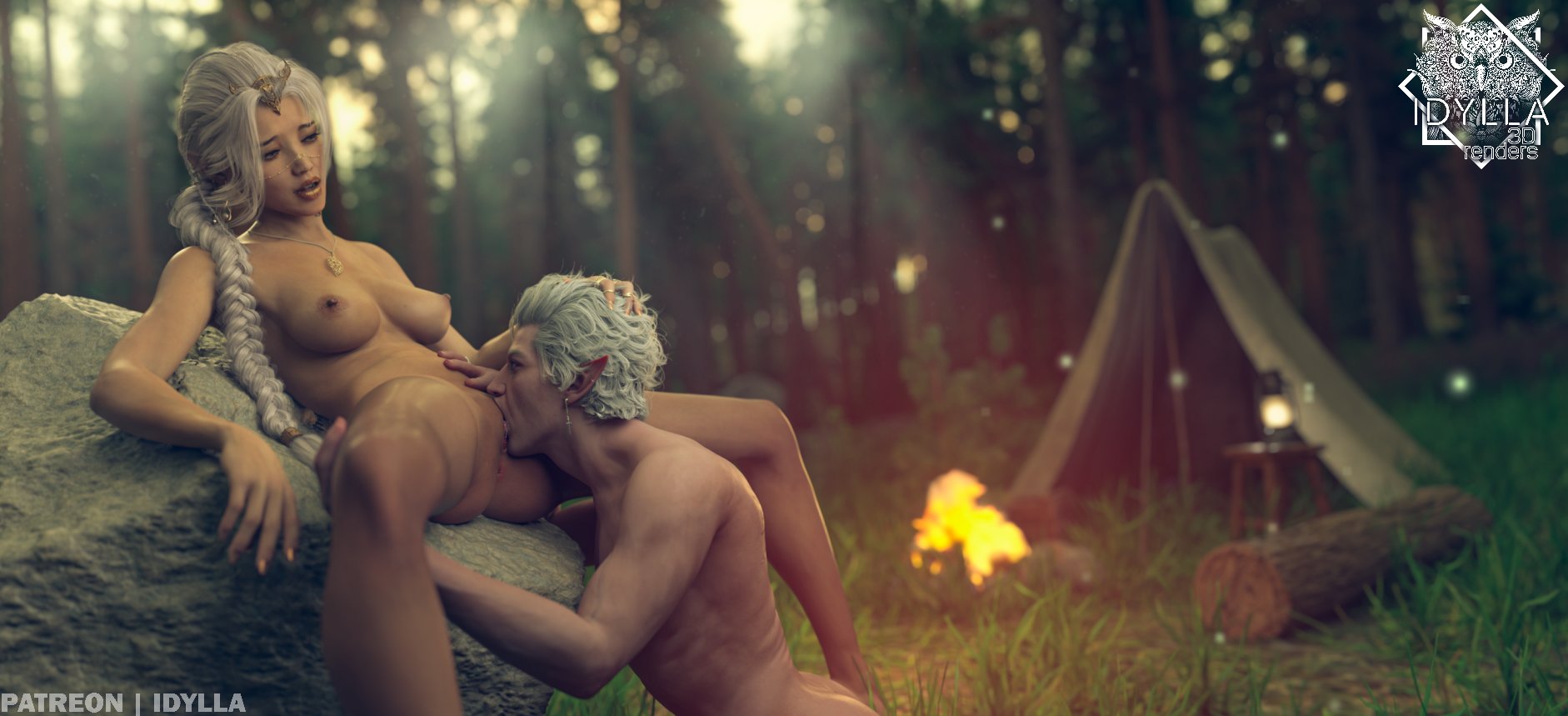 1boy, 1girls, 3d, 3d (artwork), areolae, astarion, baldur's gate, baldur's gate 3, blurry background, breasts, cunnilingus, dungeons and dragons, elf, elf ears, elf male, female, hand in hair, hand on head, idylla, large breasts, looking at partner, male, nipples, ring, vampire, white hair, wide hips, wizards of the coast