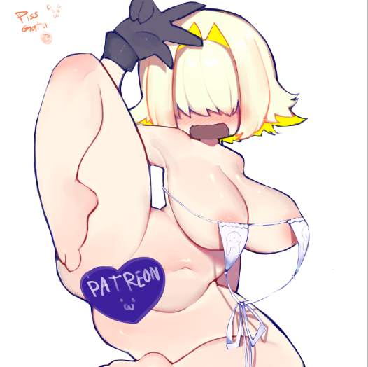 1girls big big_ass big_breasts big_butt bikini bikini_top blonde_hair blush elegg_(nikke) female gloves goddess_of_victory:_nikke hair_over_eyes happy leg_up long_bangs patreon_only_post peace_sign pissgata self_upload shiny_breasts shiny_skin short_hair thighs tummy two_tone_hair upside-down_bikini white_bikini white_hair yellow_hair