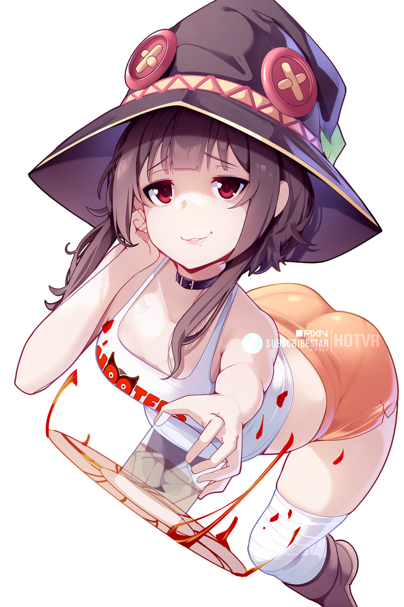 1girls, all fours, ass, breasts, female, hat, hooters, hooters uniform, hotvr, kono subarashii sekai ni shukufuku wo!, megumin, shorts, small breasts, solo, tagme