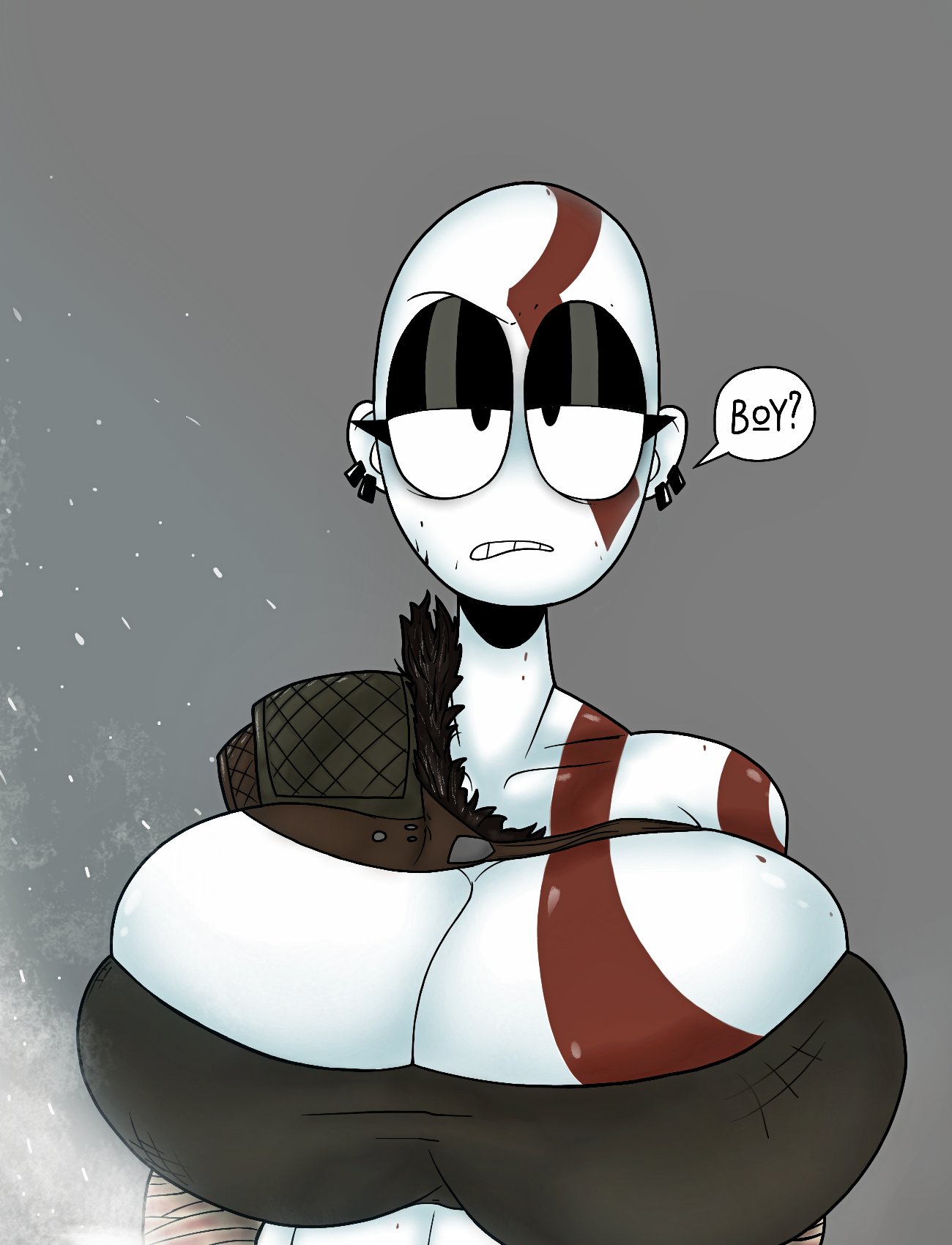 1girls, bald, bald female, big breasts, breasts, cleavage, cosplay, dialogue, english text, eyeliner, eyeshadow, face paint, female, female kratos, female only, genderswap, genderswap (mtf), god of war, kratos, large breasts, rule 63, solo, text, text bubble, theimmortalguy, veronica (saltynoodles), white skin