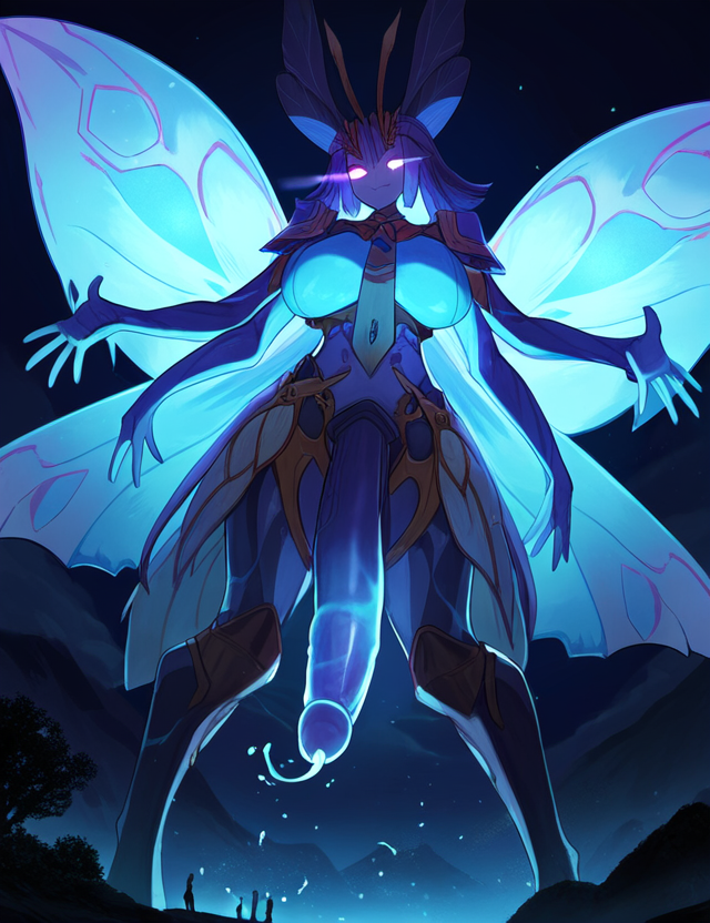 4_arms ai_generated antennae armored futa_focus futanari giant glowing glowing_eyes glowing_penis glowing_wings large_breasts leaking_cum monster monster_futa moth_humanoid moth_wings night novelai pauldrons pullthetriggeryoubitch purple_eyes purple_hair standing tagme tie