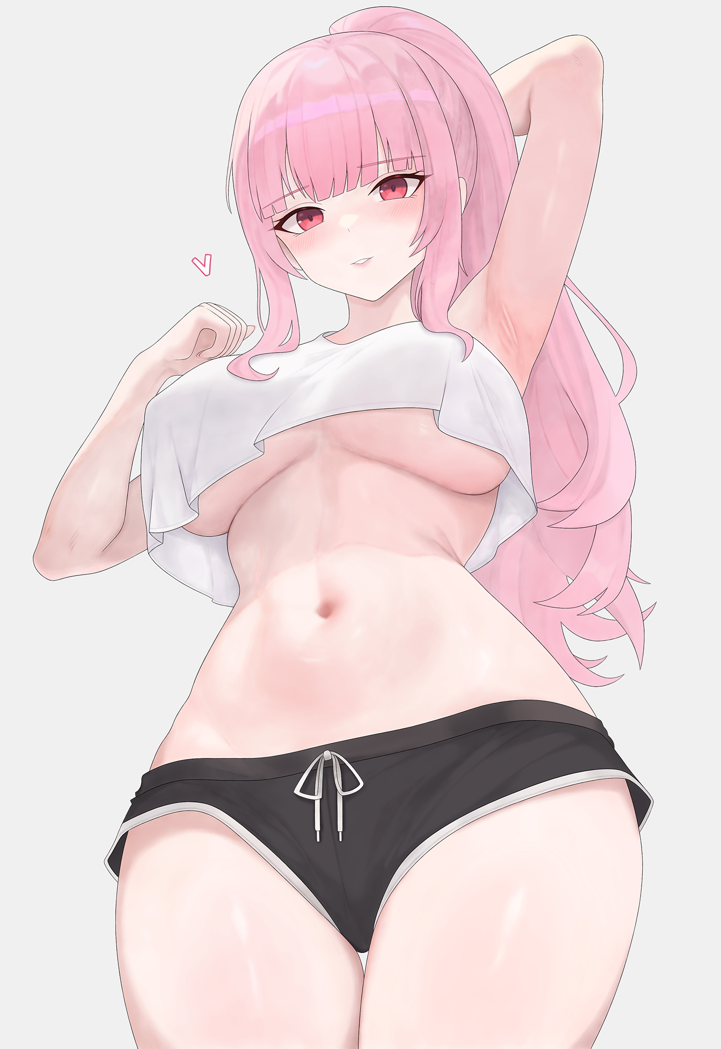 1girls, arabiki50, arm behind head, arm up, armpits, black shorts, blunt bangs, blush, breasts, busty, busty female, commentary, covered nipples, crop top, crop top overhang, female only, grey background, hand up, highres, hololive, hololive english, large breasts, long hair, looking at viewer, mori calliope, navel, no bra, pink eyes, pink hair, ponytail, short shorts, shorts, sidelocks, simple background, solo, solo female, stomach, tank top, underboob, virtual youtuber, white tank top
