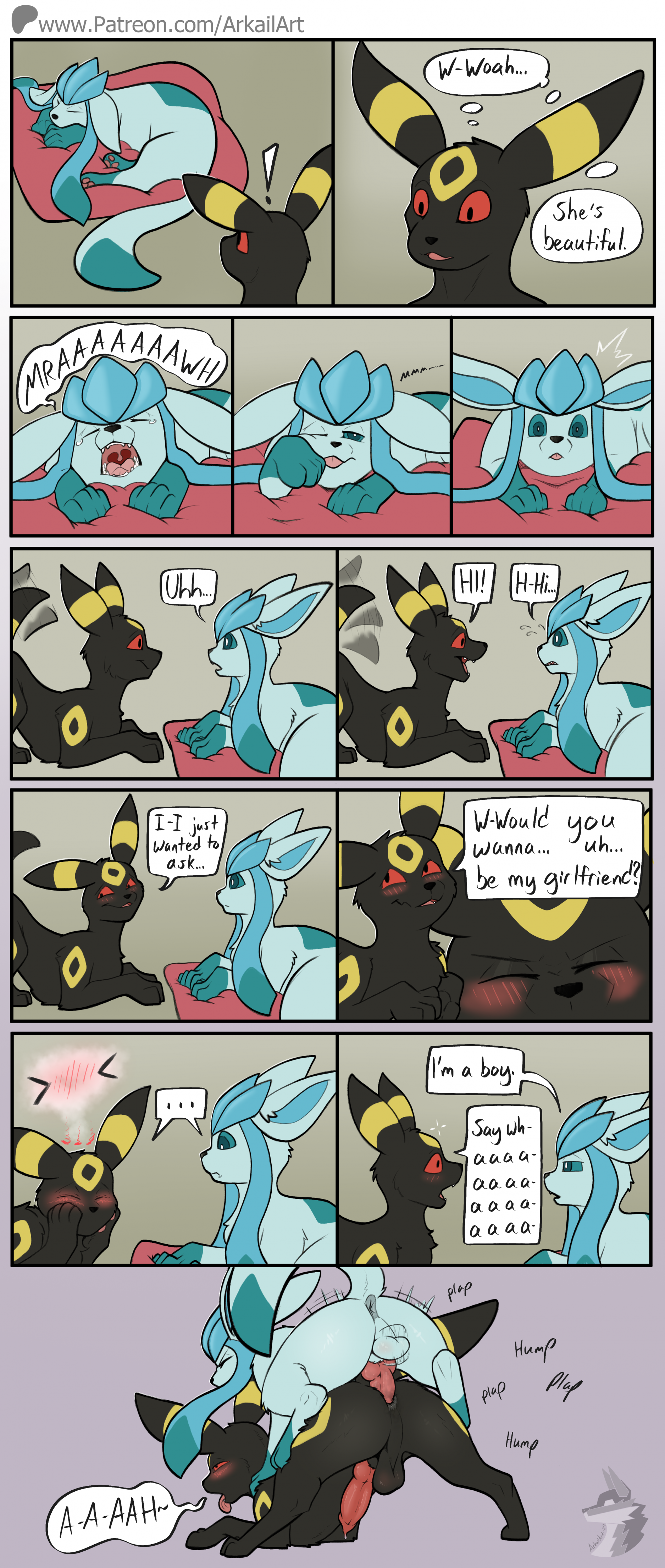 2024, absurd res, accidentally gay, anal, anal sex, anus, arkailart, ass, balls, blush, canid, canine, colored, comic, confusion, digital drawing (artwork), digital media (artwork), duo, eeveelution, english text, erection, felid, feline, feral, generation 2 pokemon, generation 4 pokemon, genitals, glaceon, hi res, male, male glaceon, male umbreon, male/male, mammal, nervous, nervous expression, nervous smile, nervous sweat, nintendo, penetration, pokemon, pokemon (species), sex, signature, spread legs, spreading, tail, tail motion, tailwag, text, umbreon
