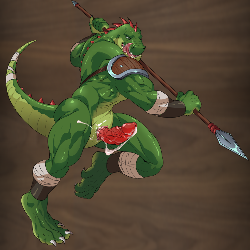 animal_genitalia anthro biceps bodily_fluids cum genital_fluids genital_slit genitals green_body green_scales humanoid_genitalia humanoid_penis humanoid_penis_in_slit lizardfolk_(lustful_desires) lizardman lustful_desires male muscular muscular_anthro muscular_male penis scales scalie slit solo spikes spikes_(anatomy) tail tongue tongue_out vein veiny_penis zoroj