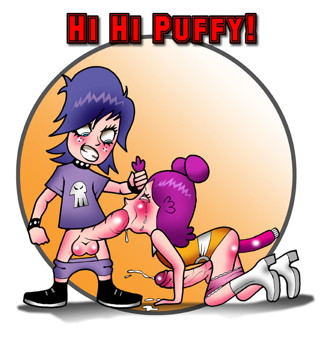 ami_onuki cartoon_network footwear futa_on_futa futanari hi_hi_puffy_amiyumi human neckwear oral orange_background pale_skin tagme white_background wristwear yumi_yoshimura