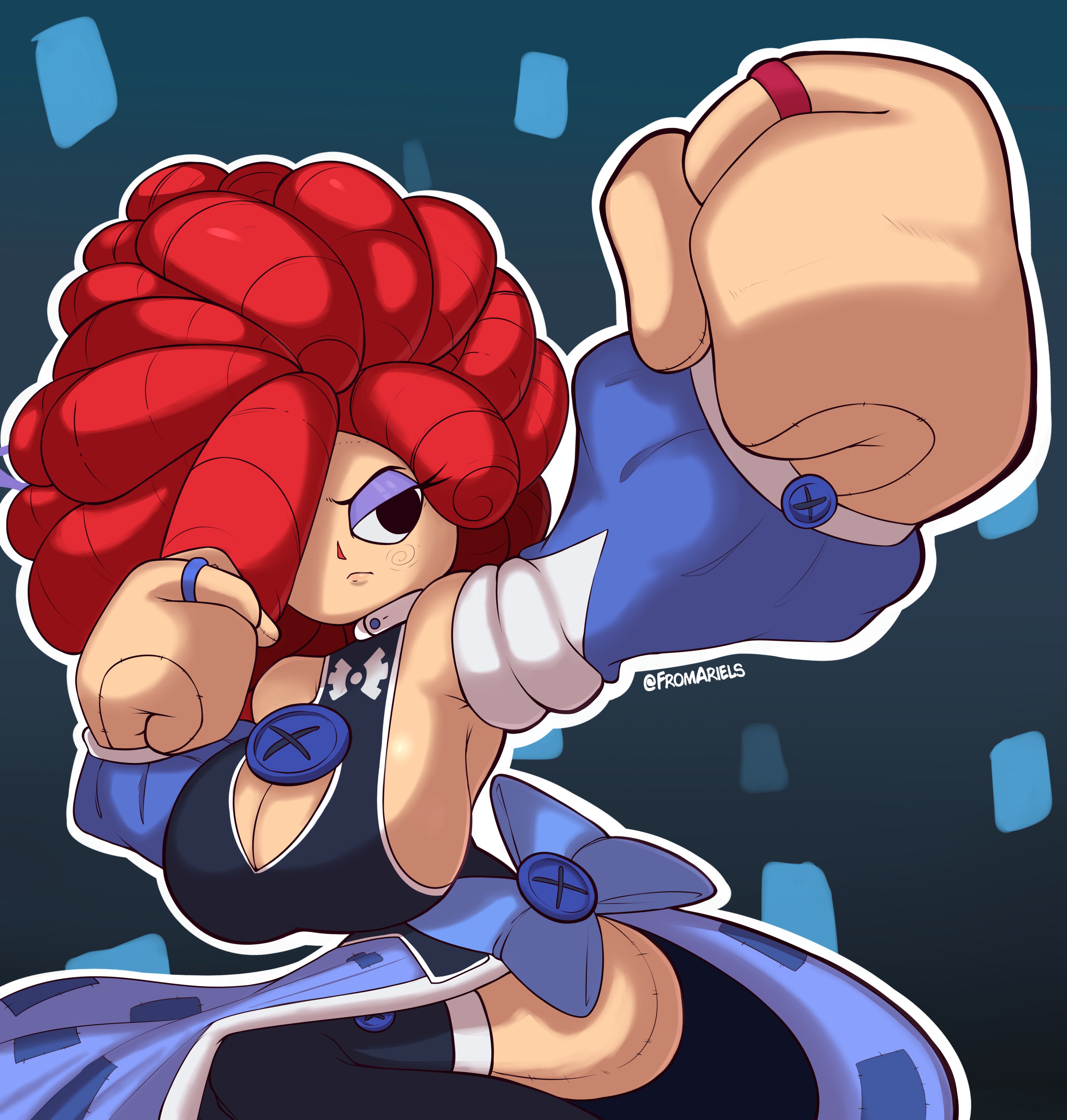 1girls, alternate hairstyle, big breasts, breasts, cleavage, doll, female, fromariels, glitch productions, hair over one eye, light skin, light-skinned female, plush doll, ragatha, ragatha (the amazing digital circus), simple background, solo, tagme, the amazing digital circus, thick thighs, voluptuous