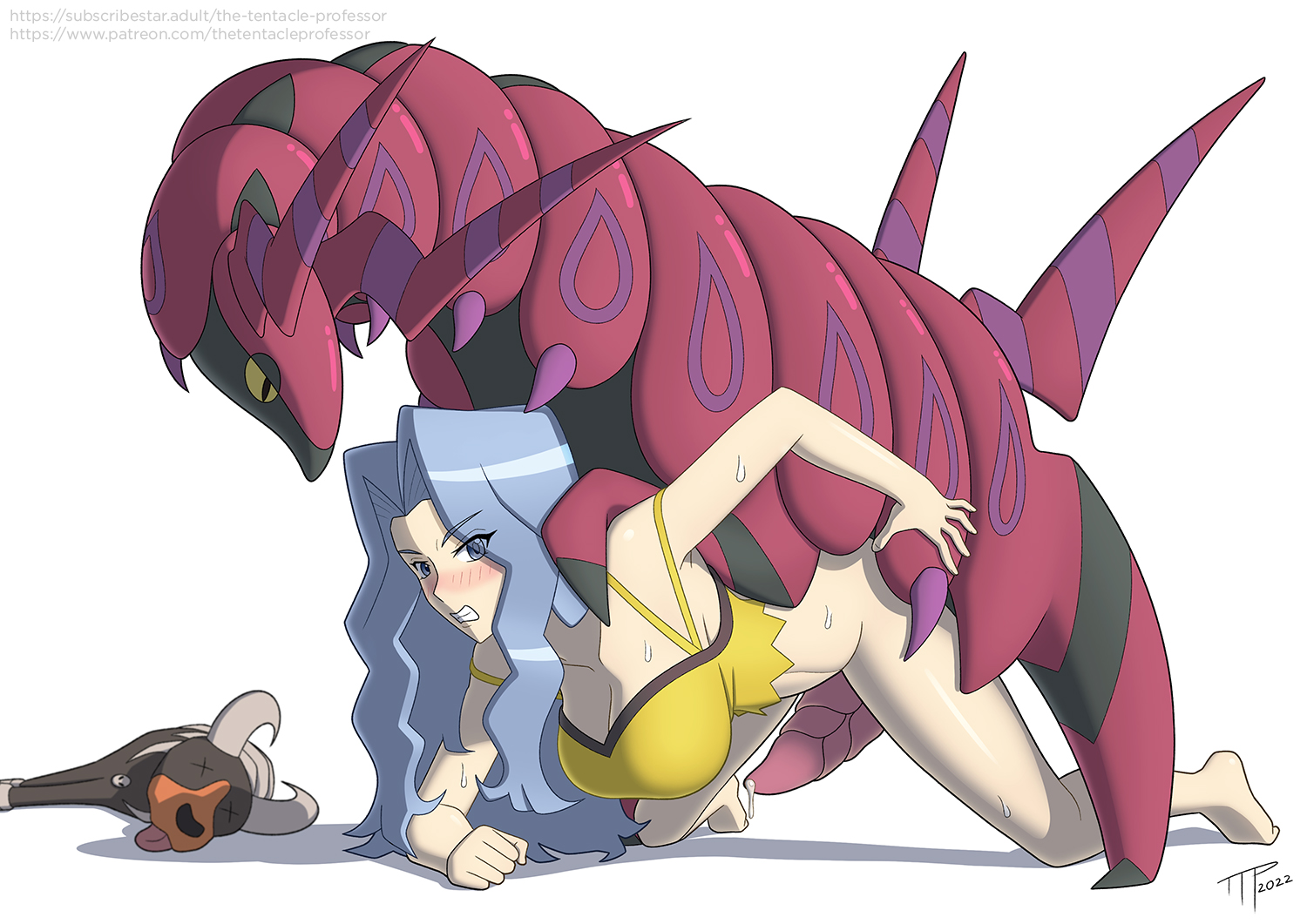 1boy, 1girls, big breasts, blush, breasts, centipede, cleavage, clothed, elite four, female, feral, houndoom, human, imminent bestiality, imminent rape, imminent sex, interspecies, karen (pokemon), large breasts, large penis, male, male pokemon/female human, male/female, nintendo, penis, pokemon, pokemon (species), pokephilia, rape, scolipede, sex from behind, sweat, the tentacle professor, zoophilia