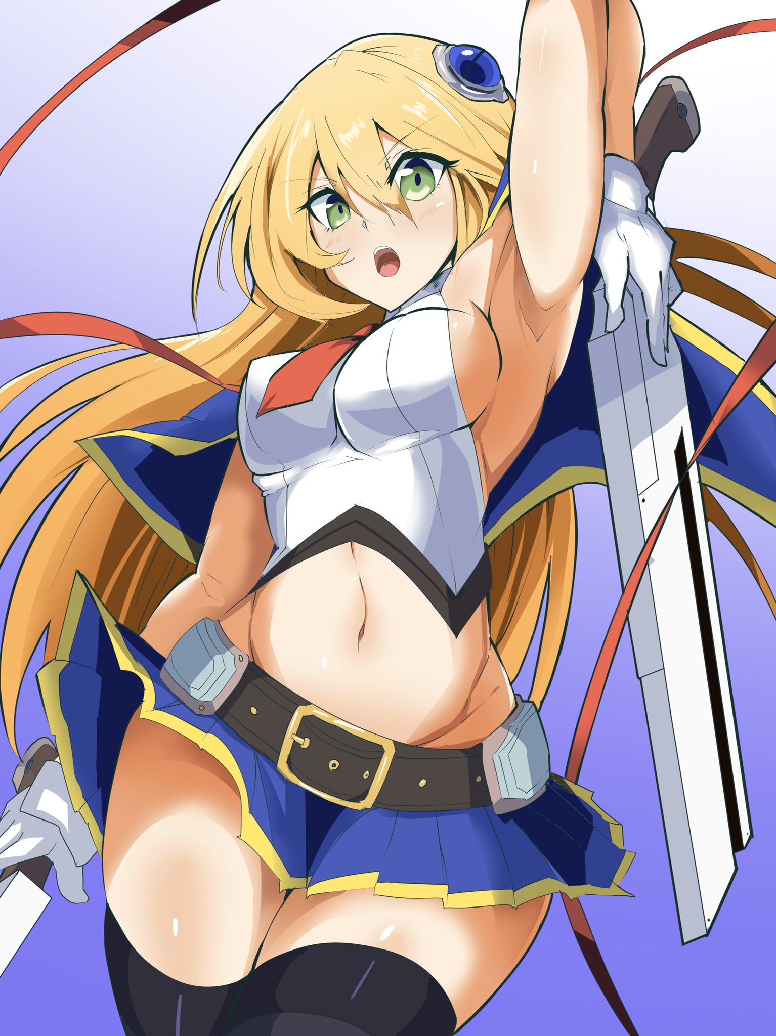 1girls, arm up, armpits, artist request, blazblue, blonde hair, breasts, child bearing hips, curvy, female, female only, gloves, green eyes, gun, highres, hips, legs, looking at viewer, medium breasts, midriff, navel, no bra, noel vermillion, open mouth, sideboob, skirt, solo, thick thighs, thighhighs, thighs, weapon