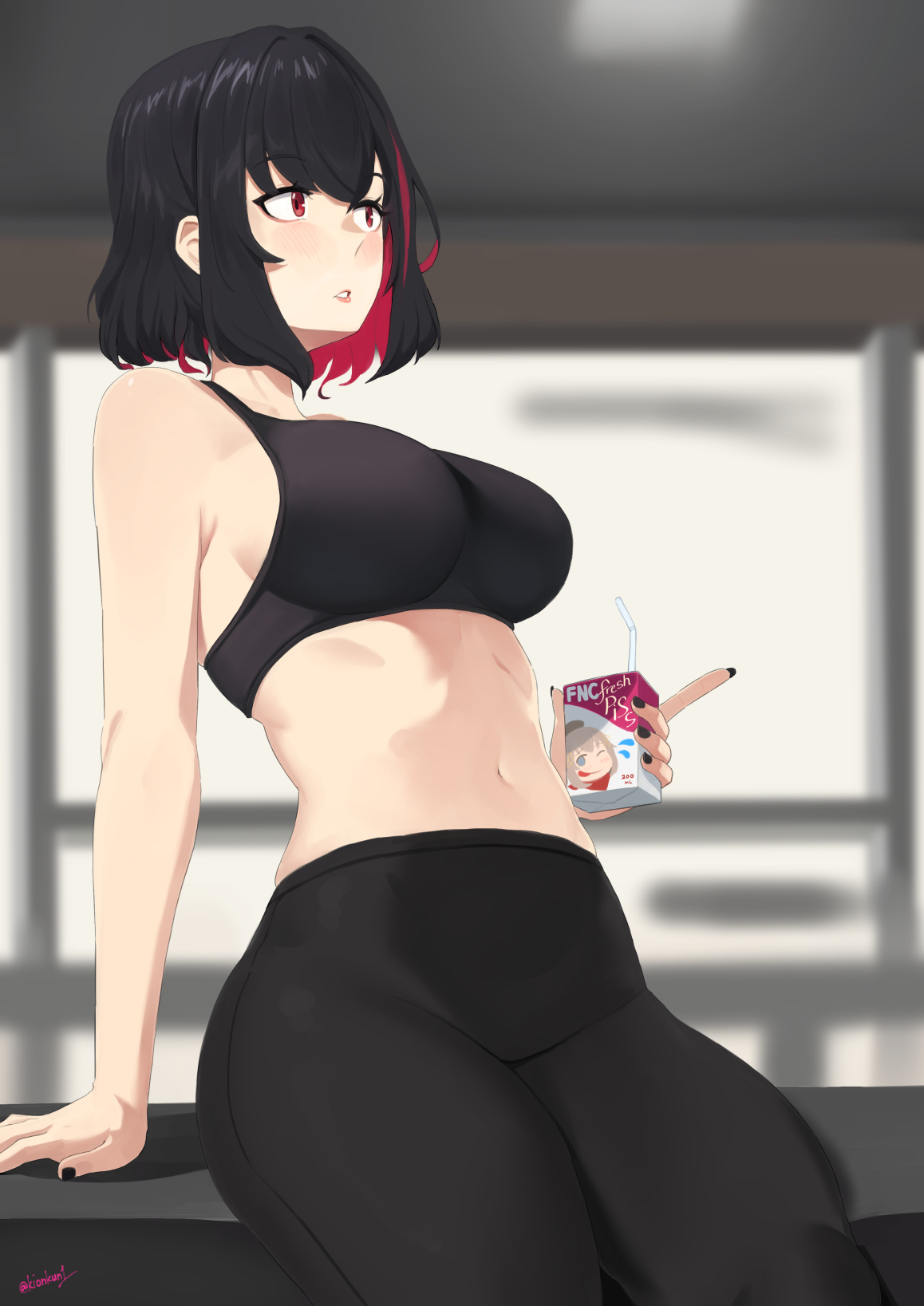 bangs, black hair, black nails, black pants, black sports bra, blush, box, breasts, eyebrows visible through hair, feet out of frame, female, girls' frontline, highres, holding, holding box, juice box, kion-kun, large breasts, leaning back, leggings, lips, looking away, multicolored hair, nail polish, navel, open mouth, pants, red eyes, ripper (girls' frontline), ripper swap (girls' frontline), sangvis ferri, short hair, sideboob, simple background, sitting, sitting on object, solo, sports bra, sportswear, thick thighs, thighs, twitter username