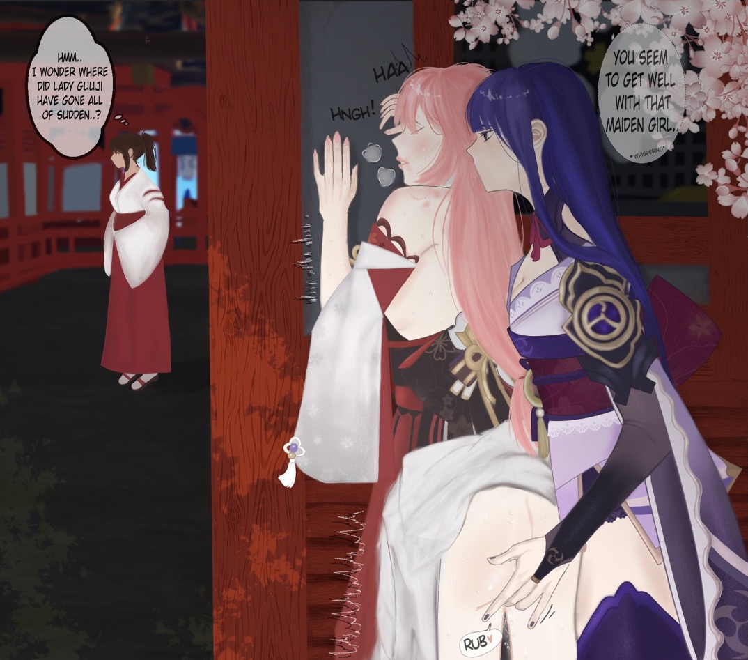 2girls, against wall, bite mark, closed eyes, dialogue, female, female only, finger fuck, fingering, fox ears, fox girl, genshin impact, jealous, jealousy, kimono, kimono lift, lesbian sex, long hair, multiple females, multiple girls, pink hair, possessive, pressed against, public, public sex, purple hair, pussy, pussy juice, pussy juice drip, raiden shogun, rubbing pussy, shrine maiden, vagina, vaginal insertion, vaginal penetration, vaginal sex, yae miko, yuri